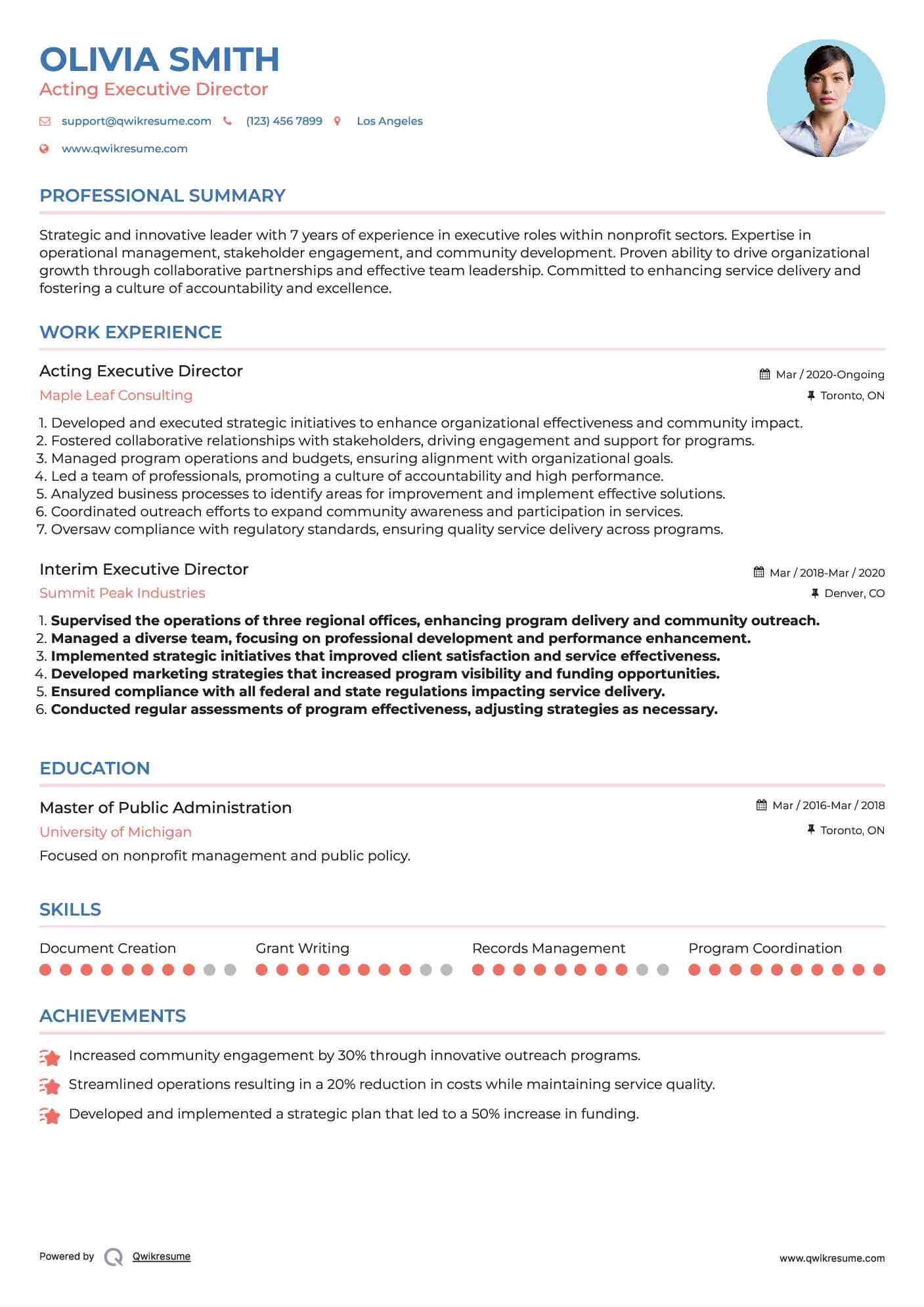 Acting Executive Director Resume Sample