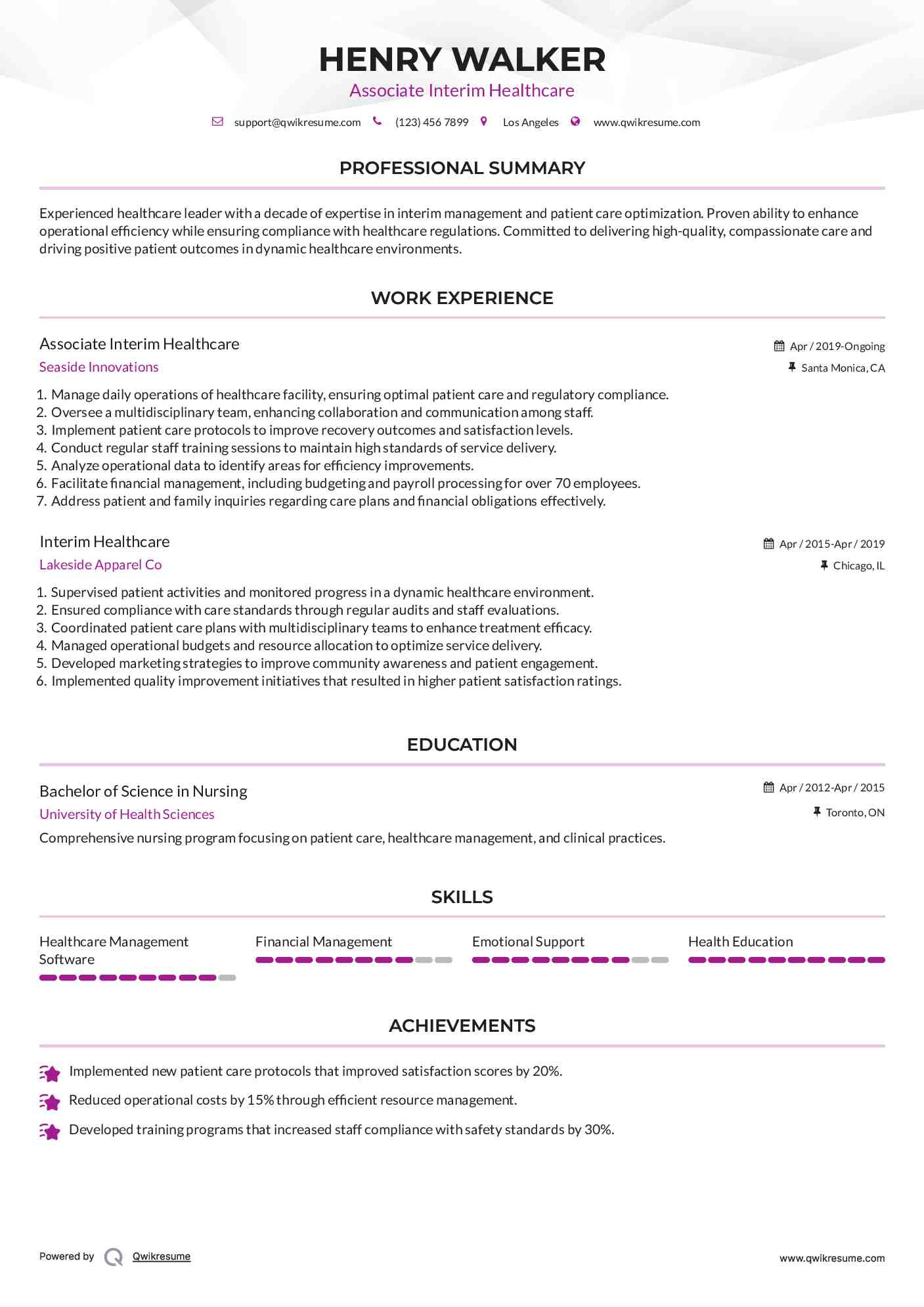 Associate Interim Healthcare
 Resume Model