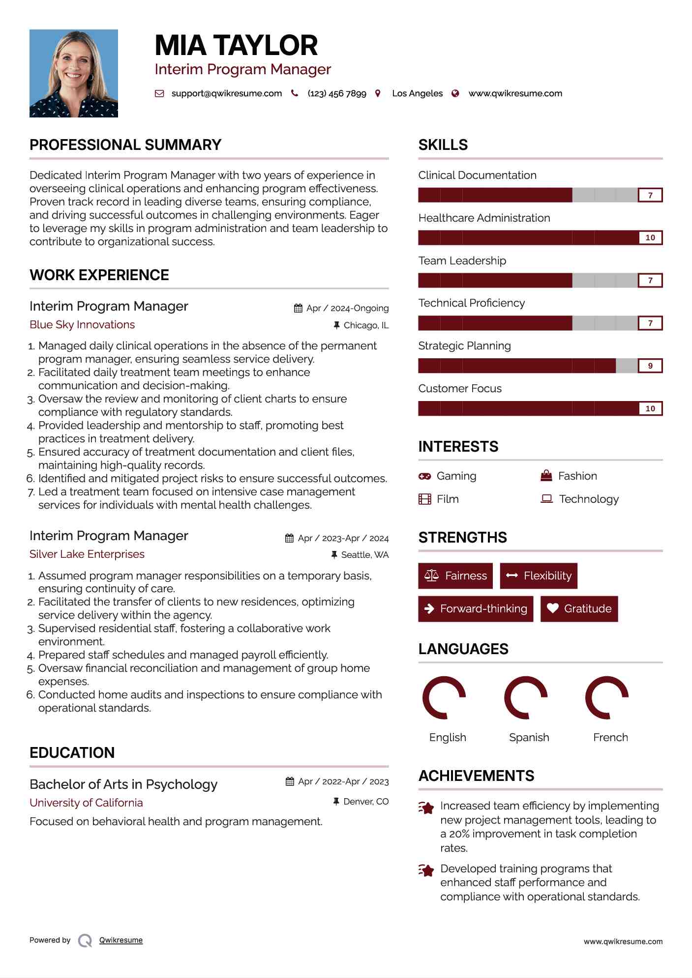 Interim Program Manager Resume Model
