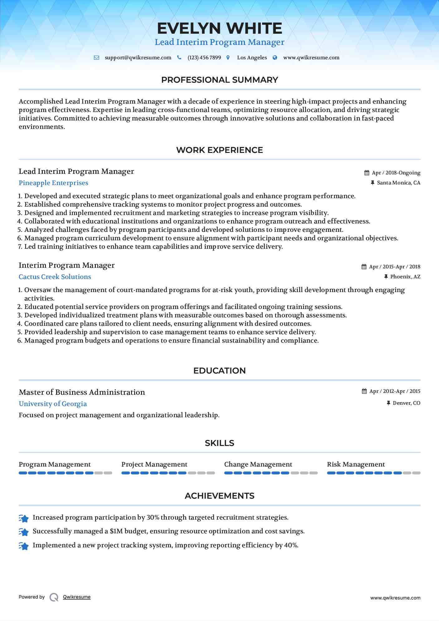 Lead Interim Program Manager Resume Template