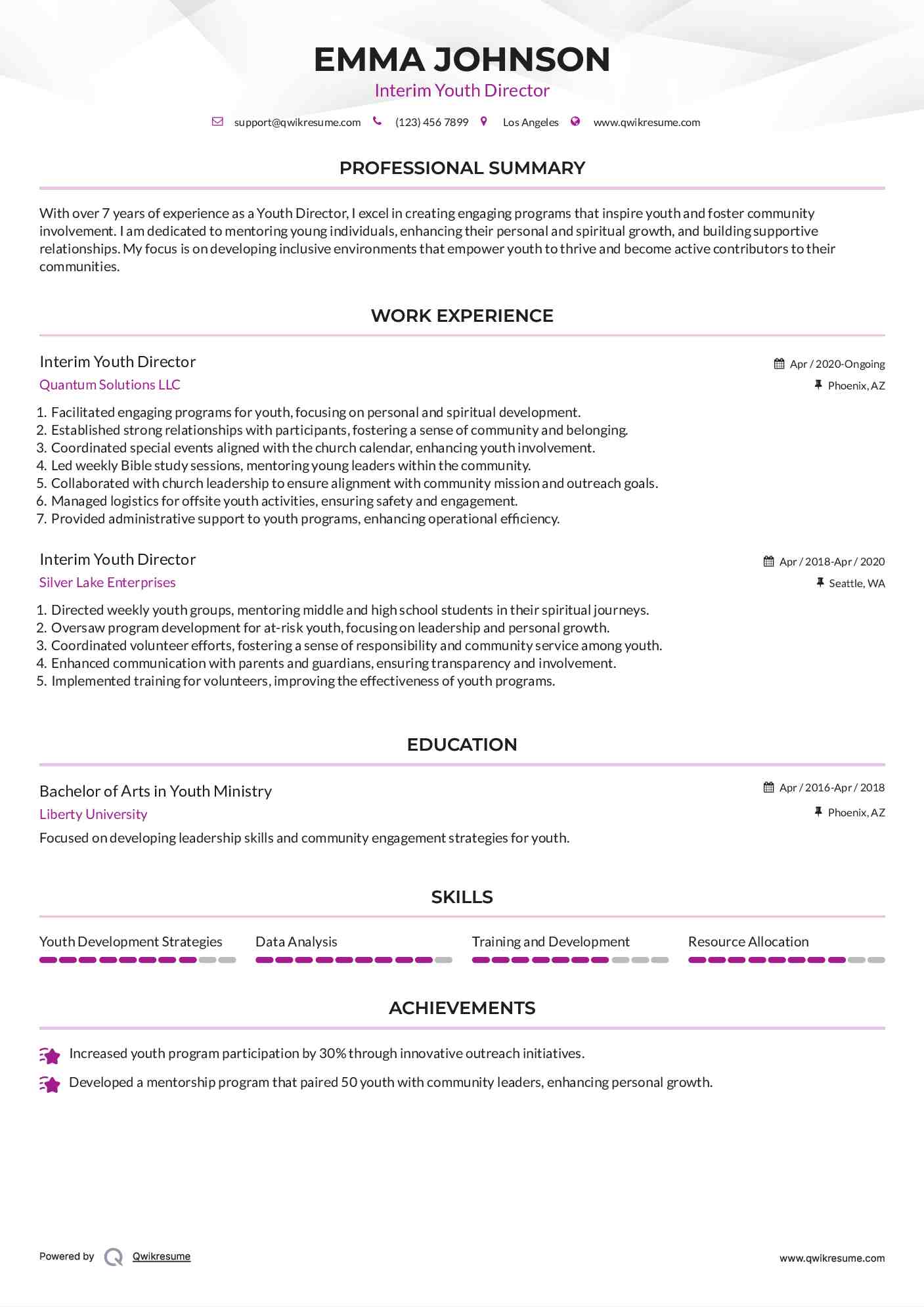 Interim Youth Director Resume Format