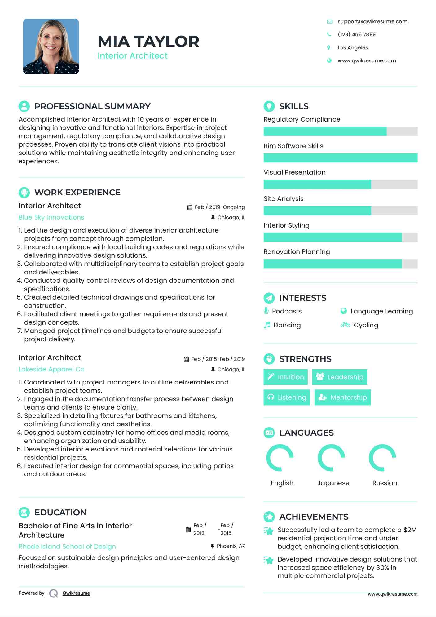 Interior Architect Resume Sample