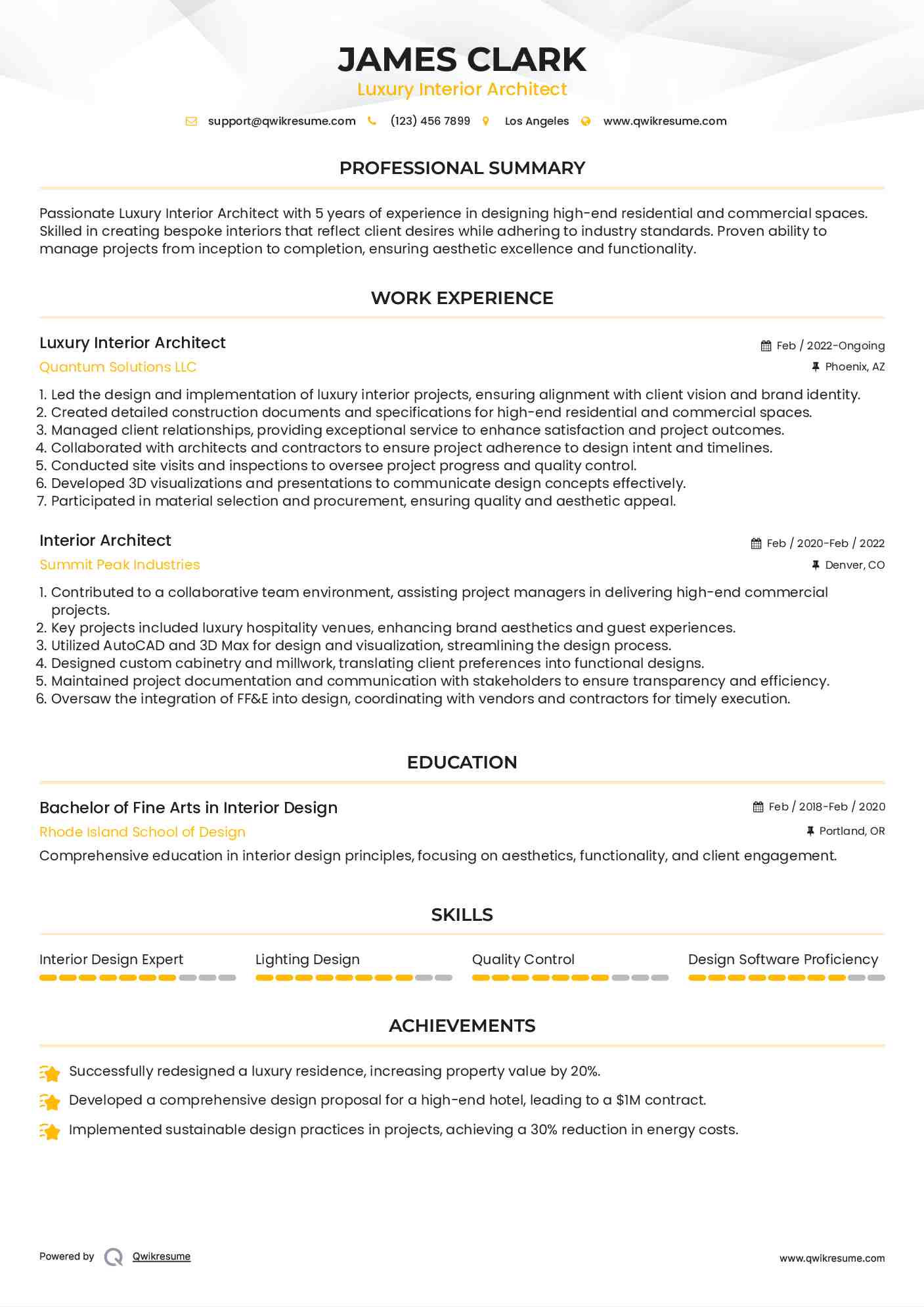 Luxury Interior Architect Resume Example