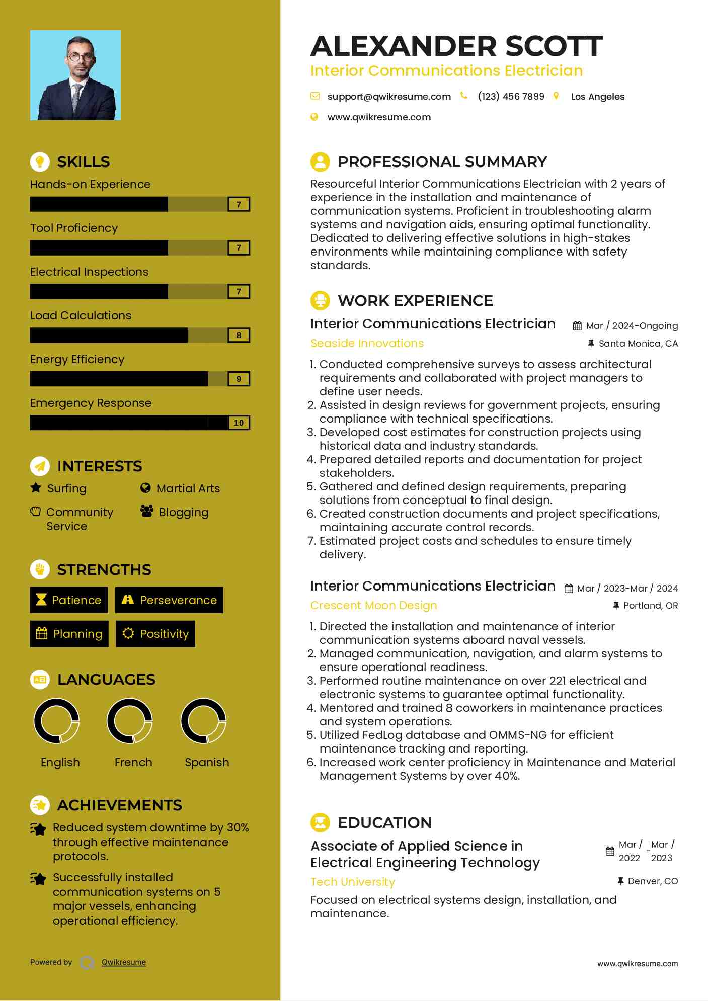 Interior Communications Electrician Resume Sample