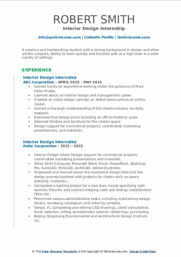 Interior Design Internship Resume Samples QwikResume