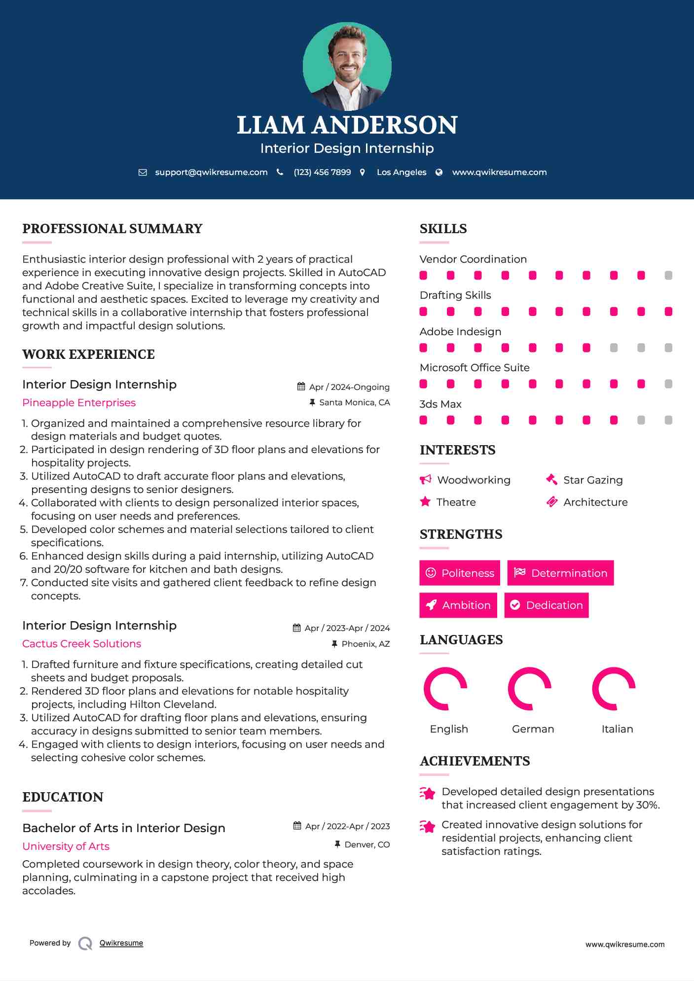 Interior Design Internship Resume Example