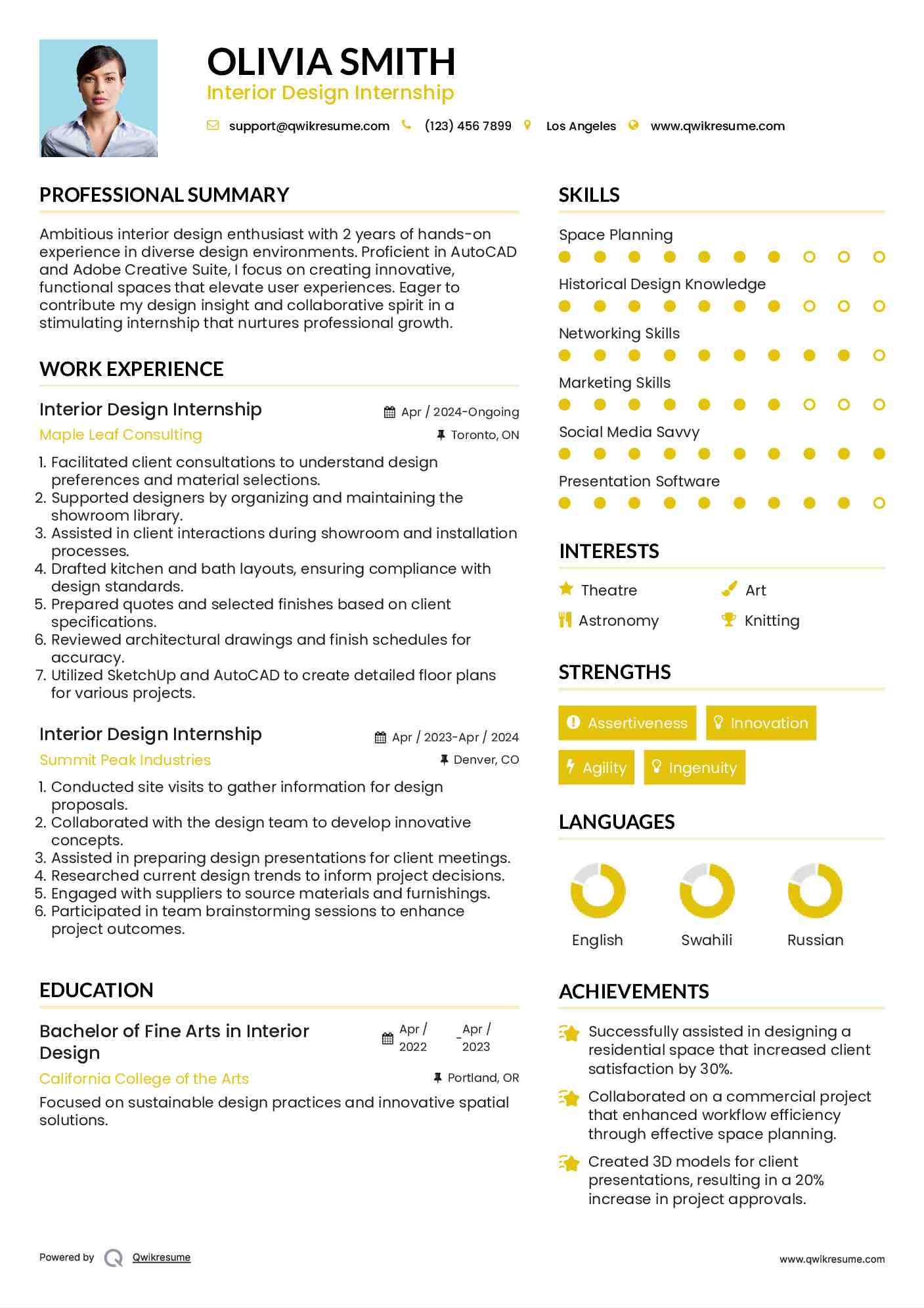 Interior Design Internship Resume Model