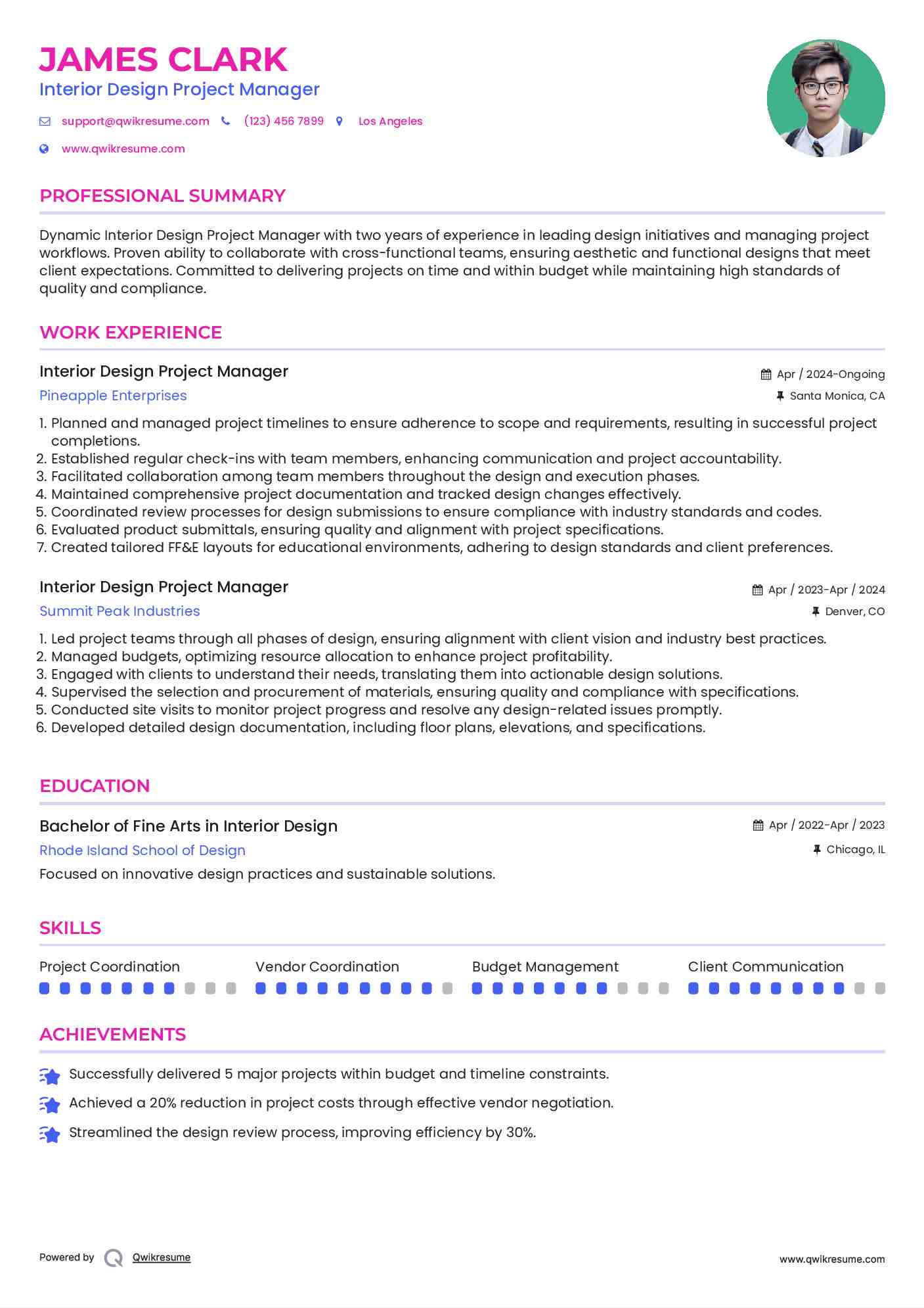 Interior Design Project Manager Resume Format
