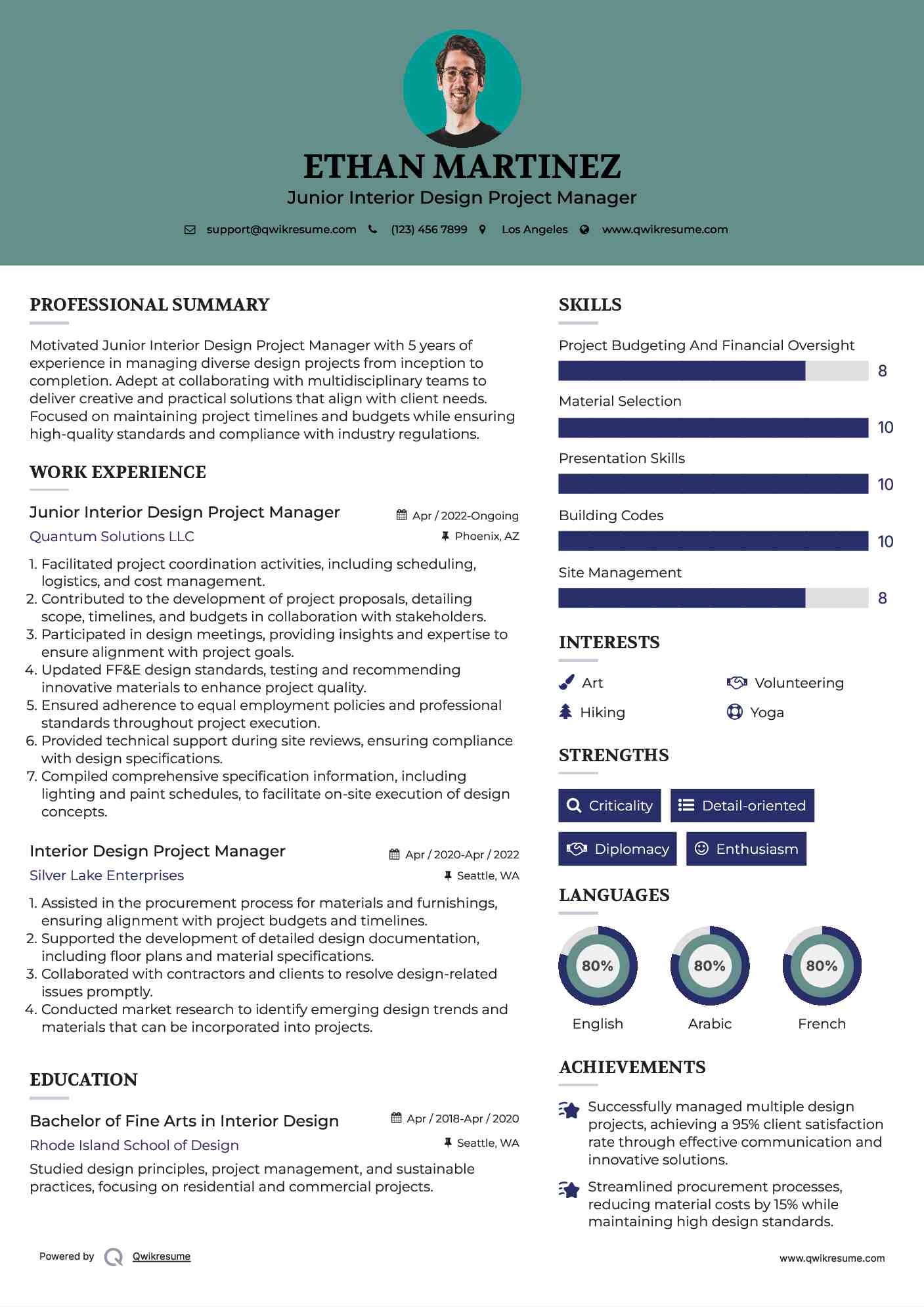 Junior Interior Design Project Manager Resume Sample