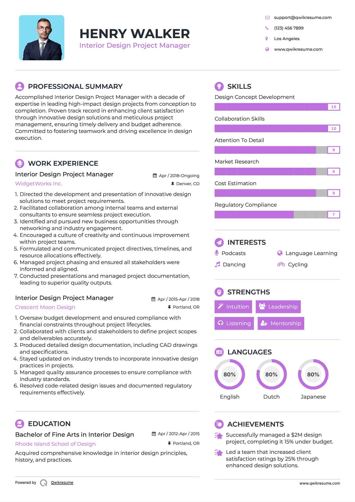 Interior Design Project Manager Resume Sample