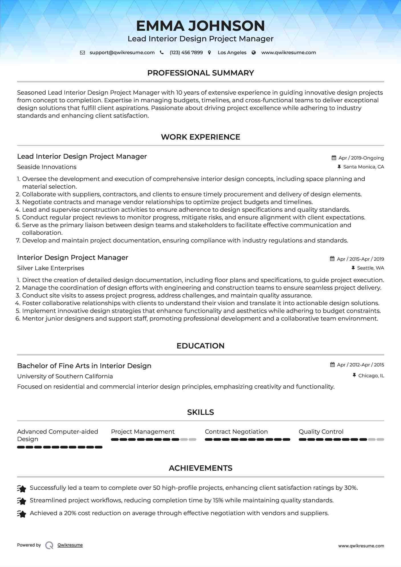 Lead Interior Design Project Manager Resume Template
