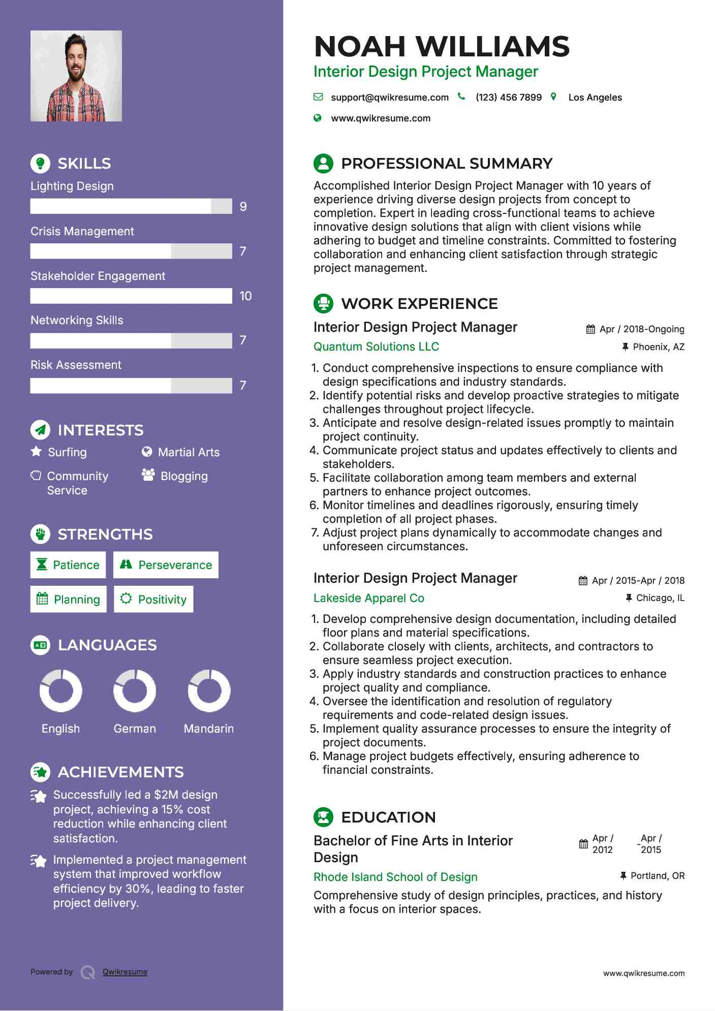 Interior Design Project Manager Resume Sample