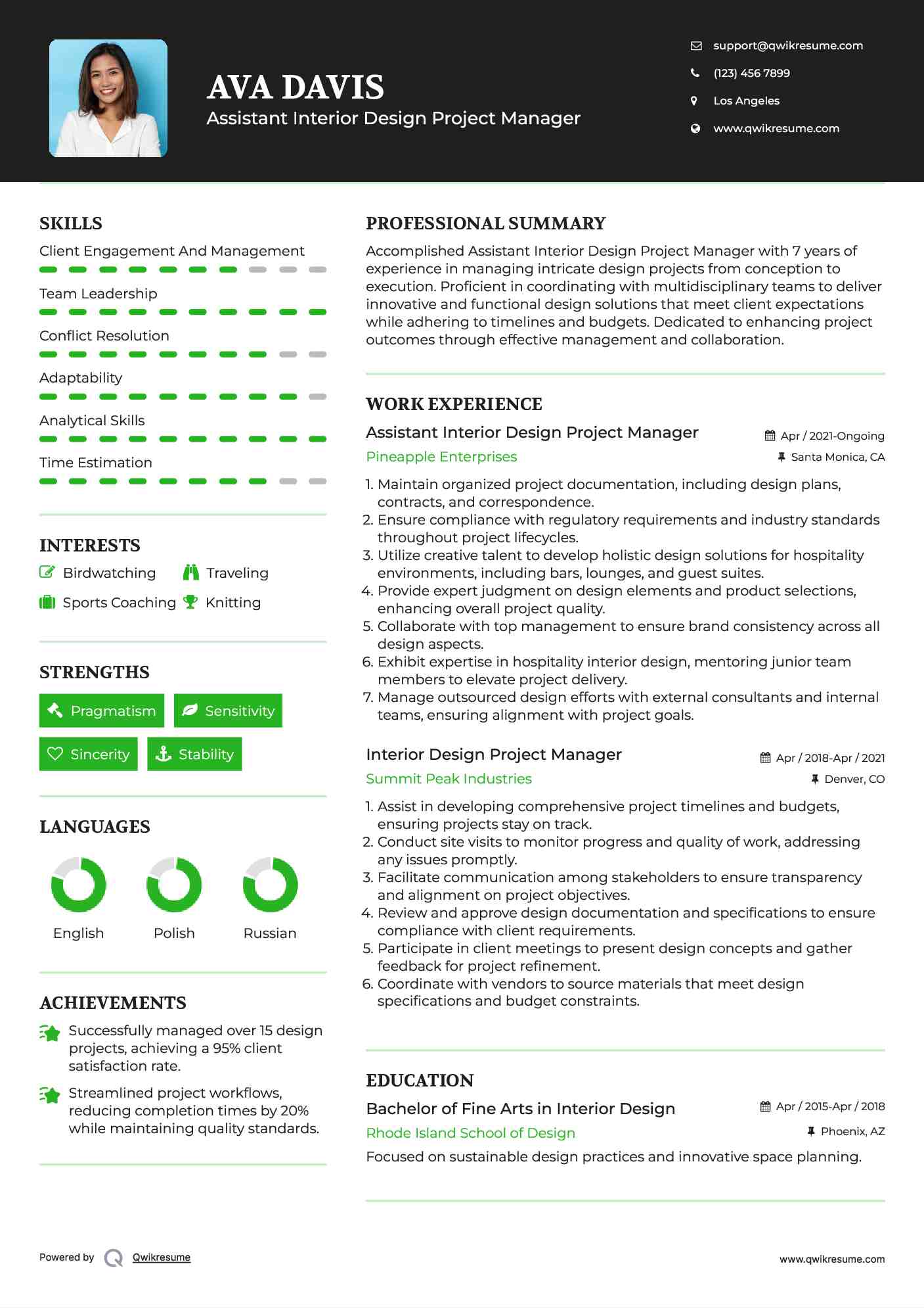 Assistant Interior Design Project Manager Resume Sample