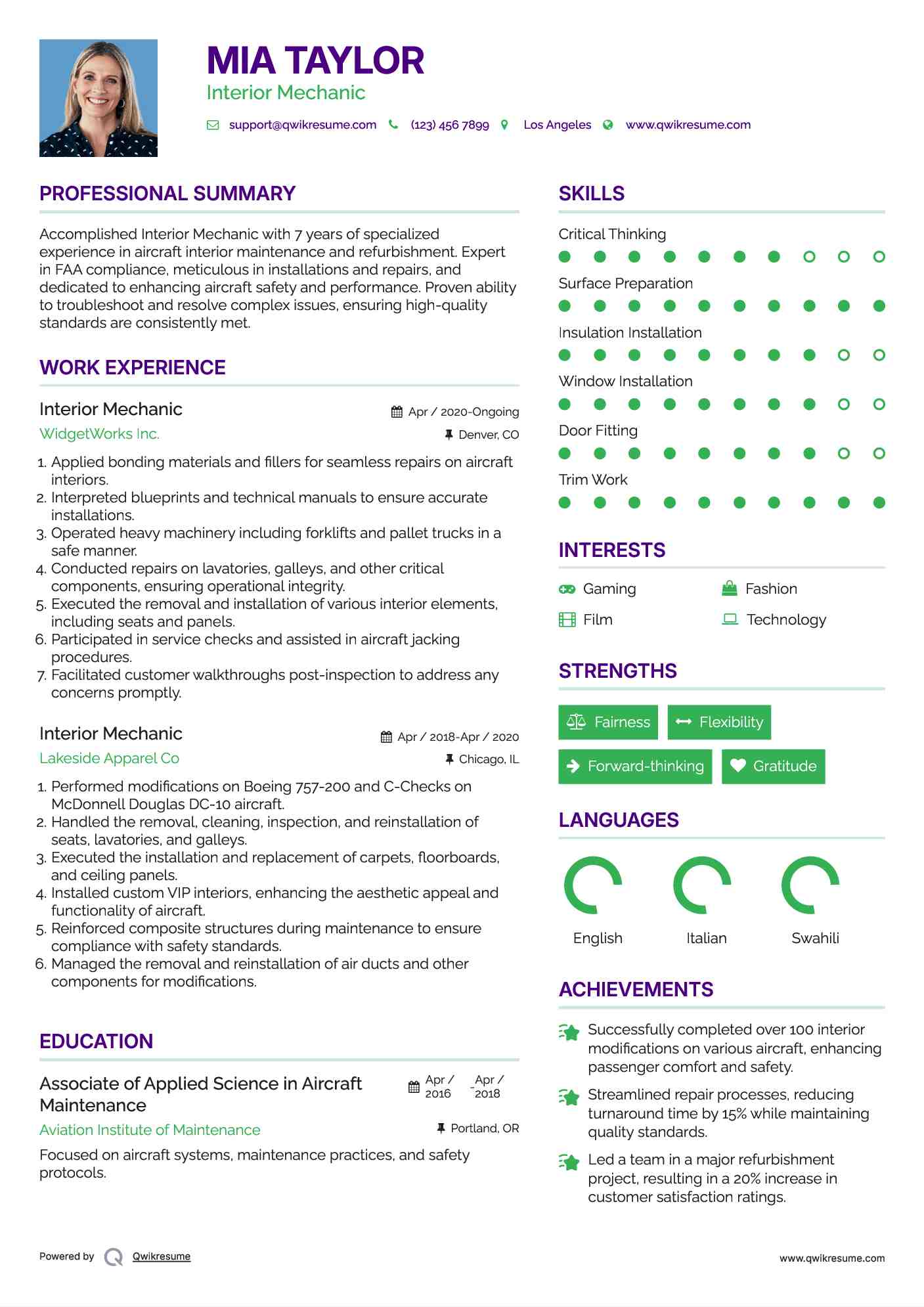 Interior Mechanic Resume Example
