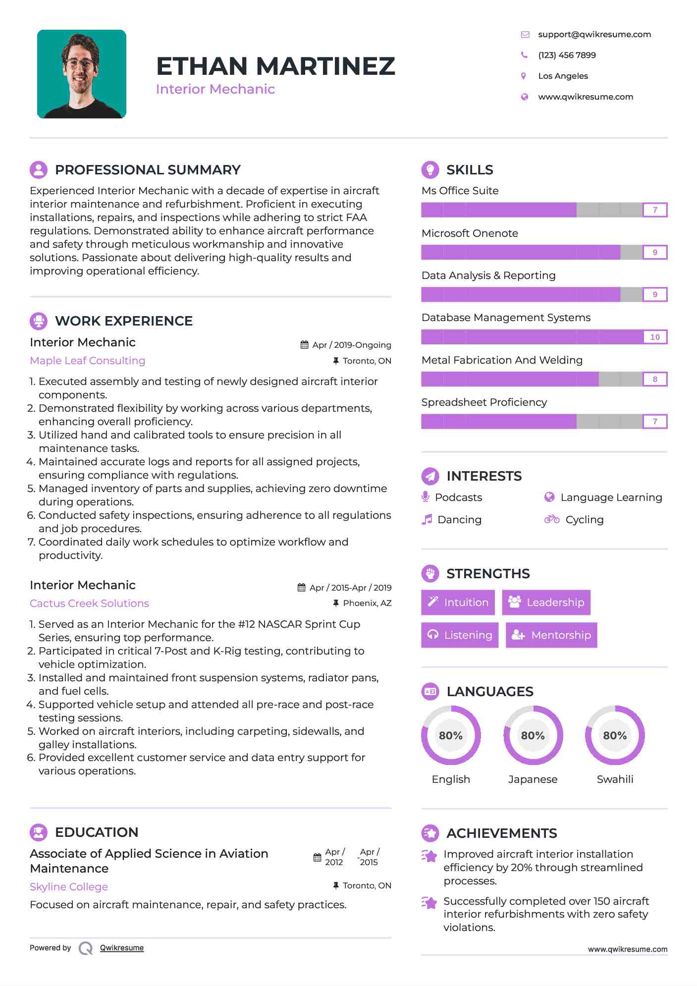 Interior Mechanic Resume Example