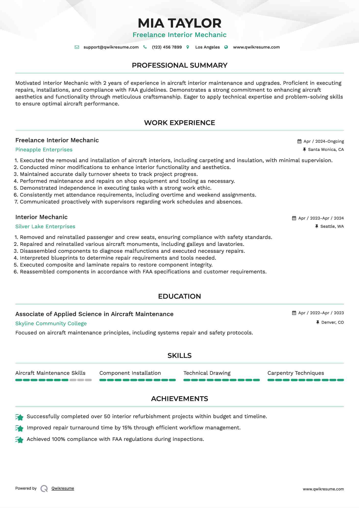 Freelance Interior Mechanic Resume Example