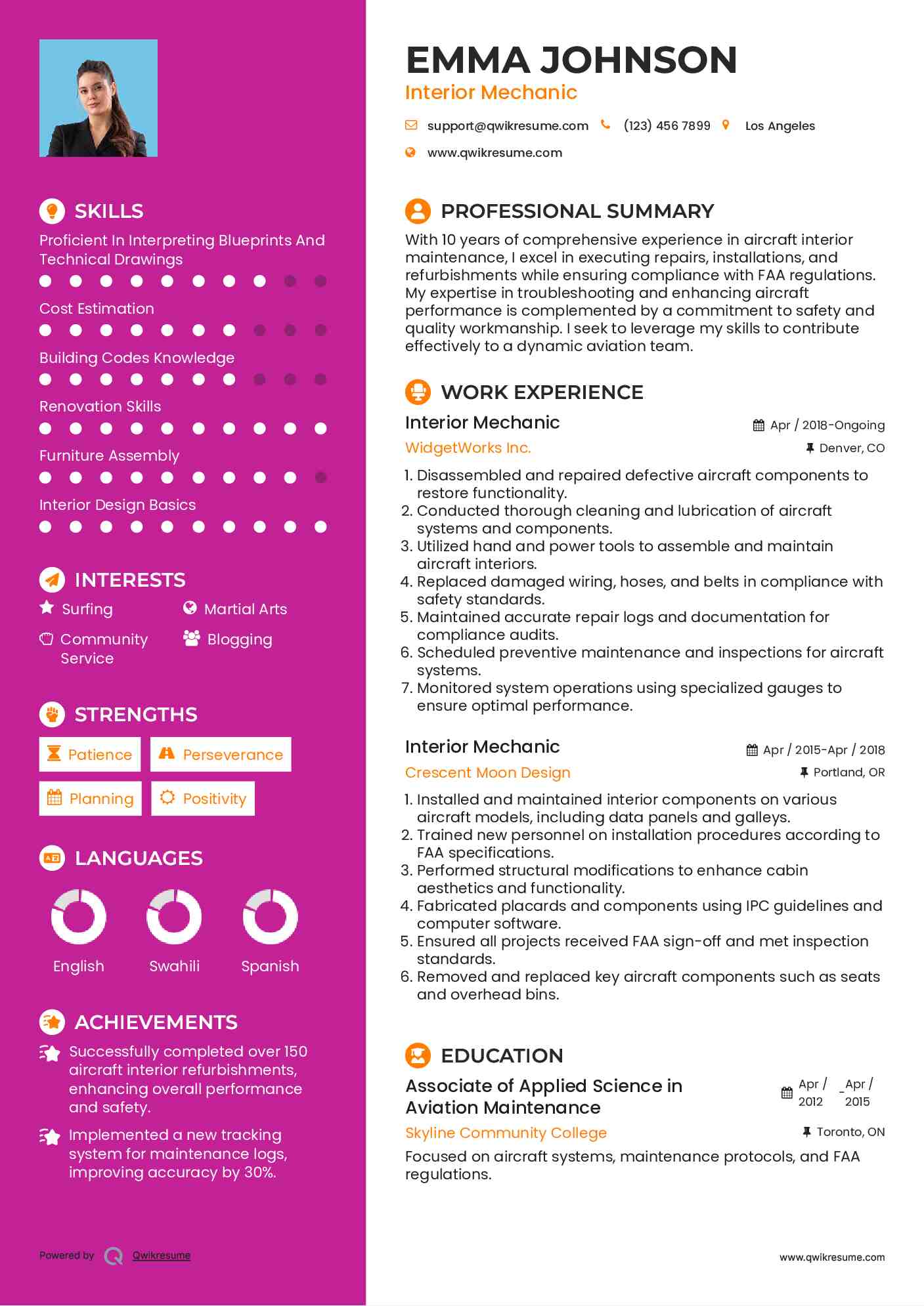 Interior Mechanic Resume Sample