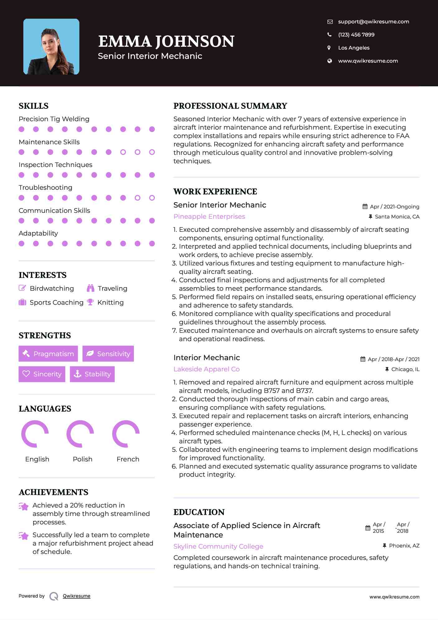 Senior Interior Mechanic Resume Example