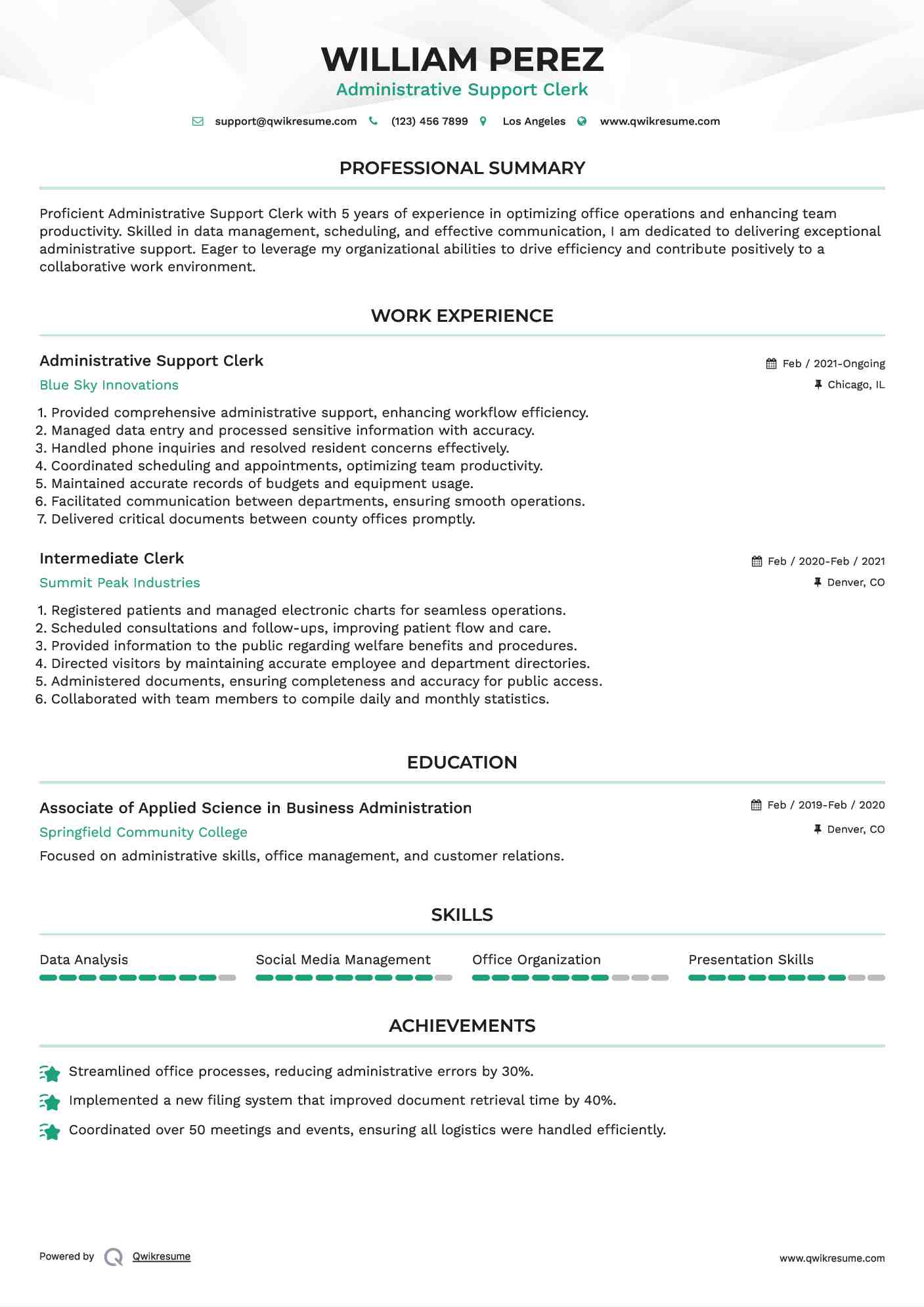 Administrative Support Clerk Resume Model