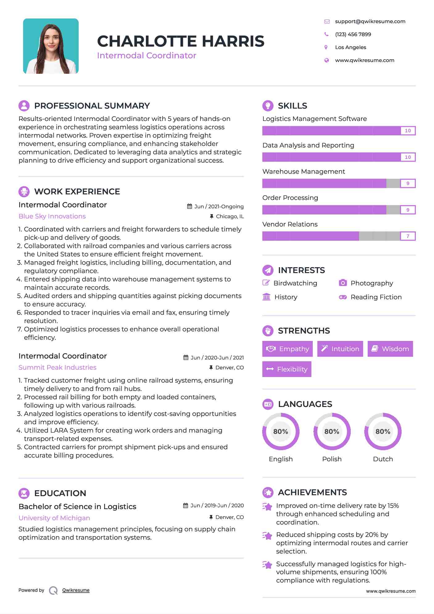 Intermodal Coordinator Resume Template