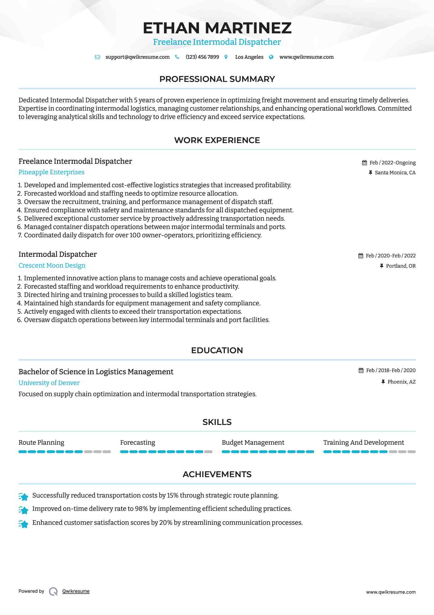 Freelance Intermodal Dispatcher Resume Template