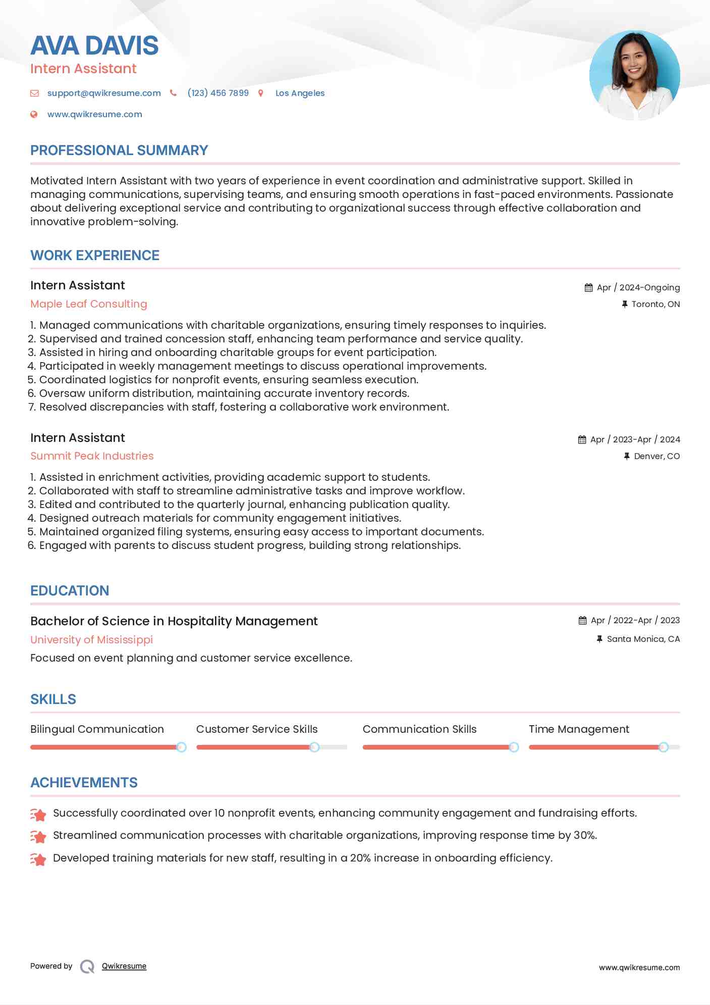 Intern Assistant Resume Template