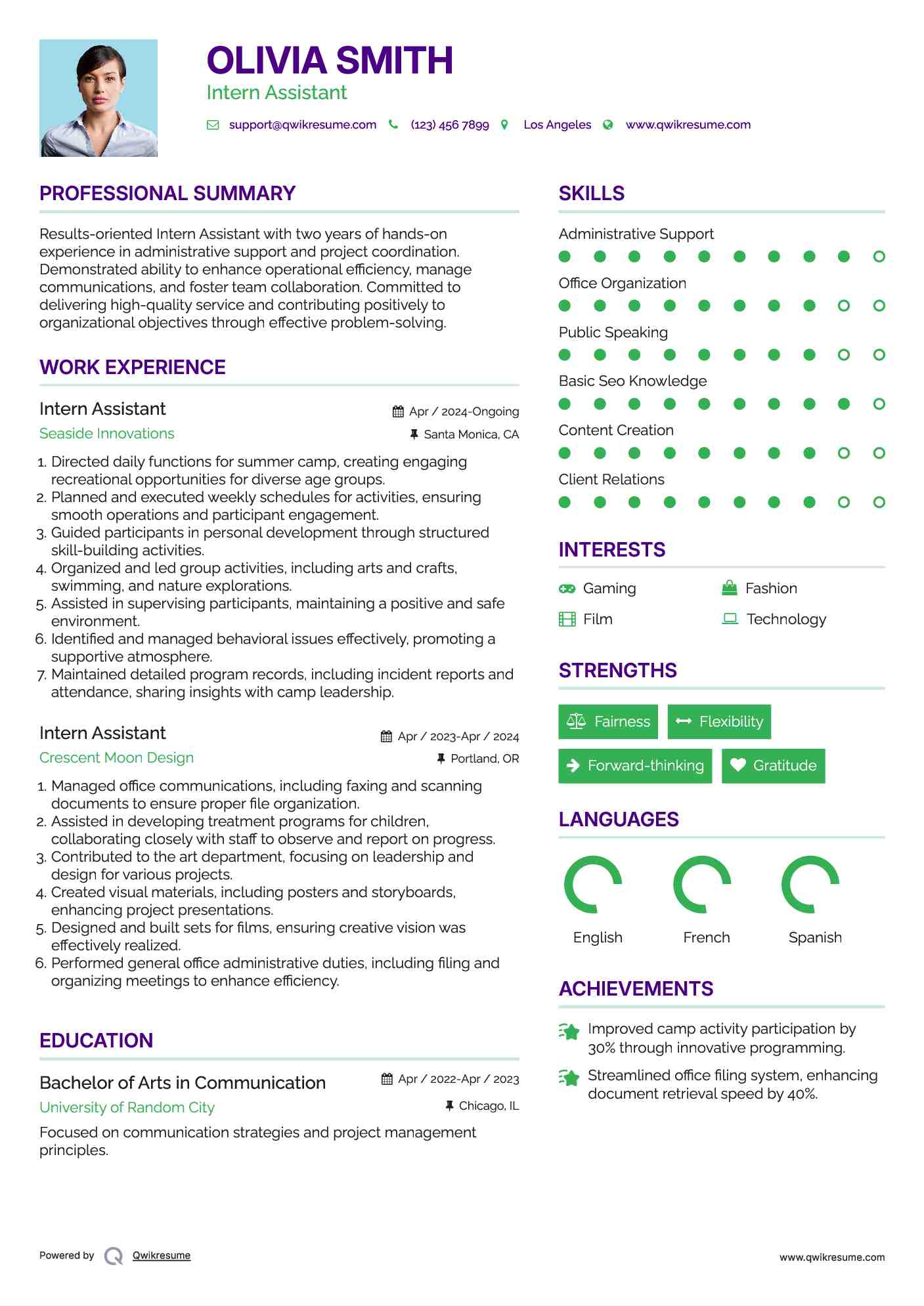 Intern Assistant Resume Template