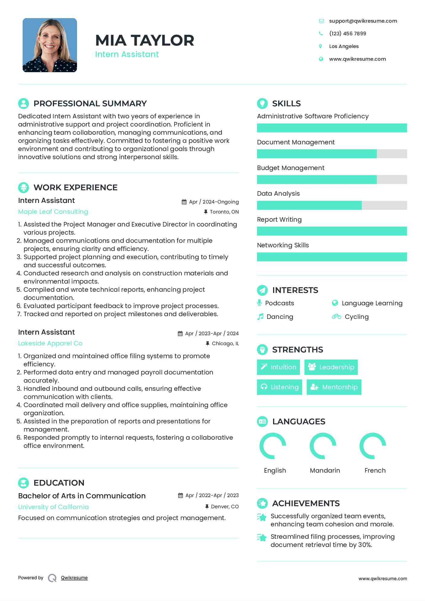 Intern Assistant Resume Format