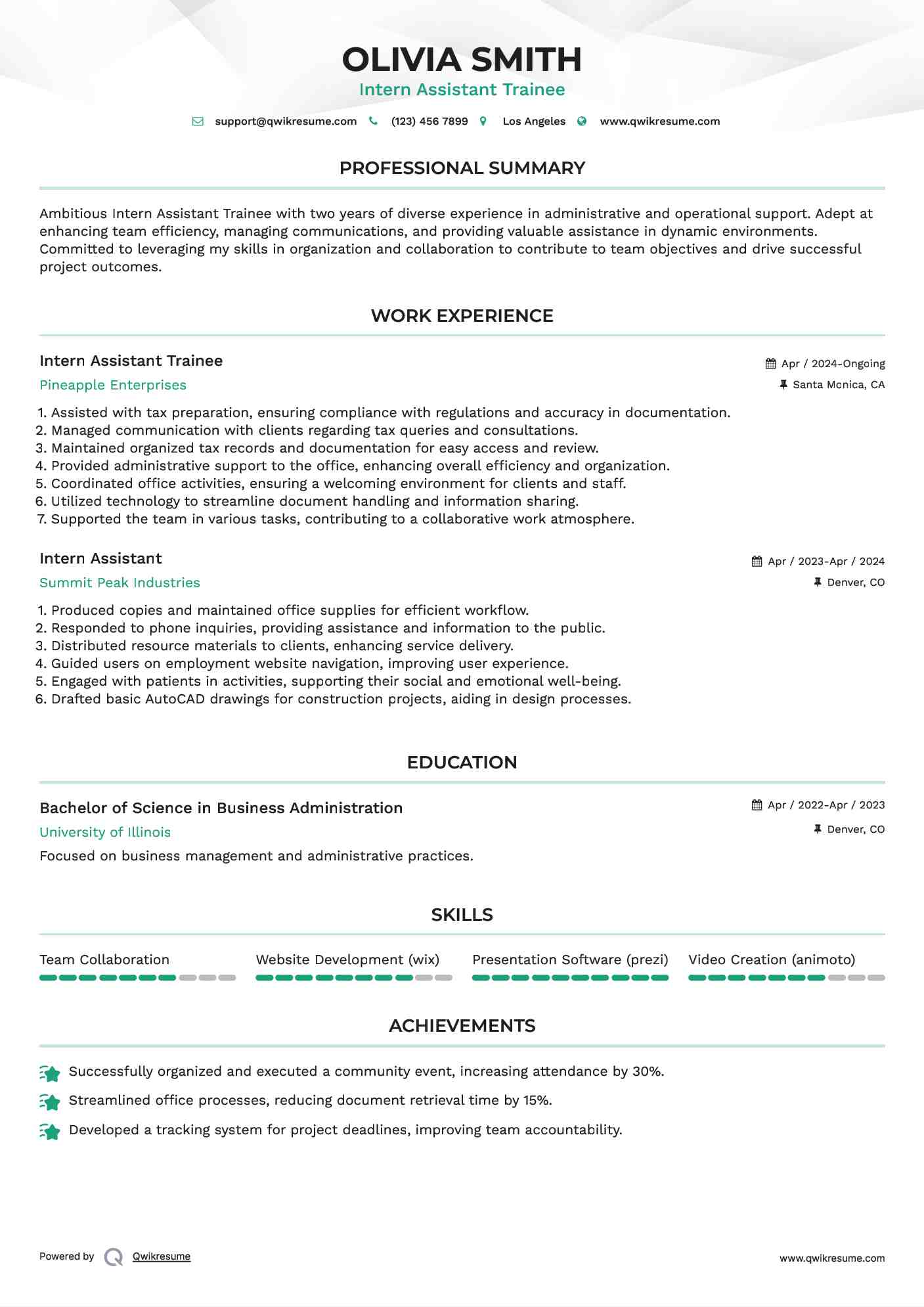 Intern Assistant Trainee Resume Example