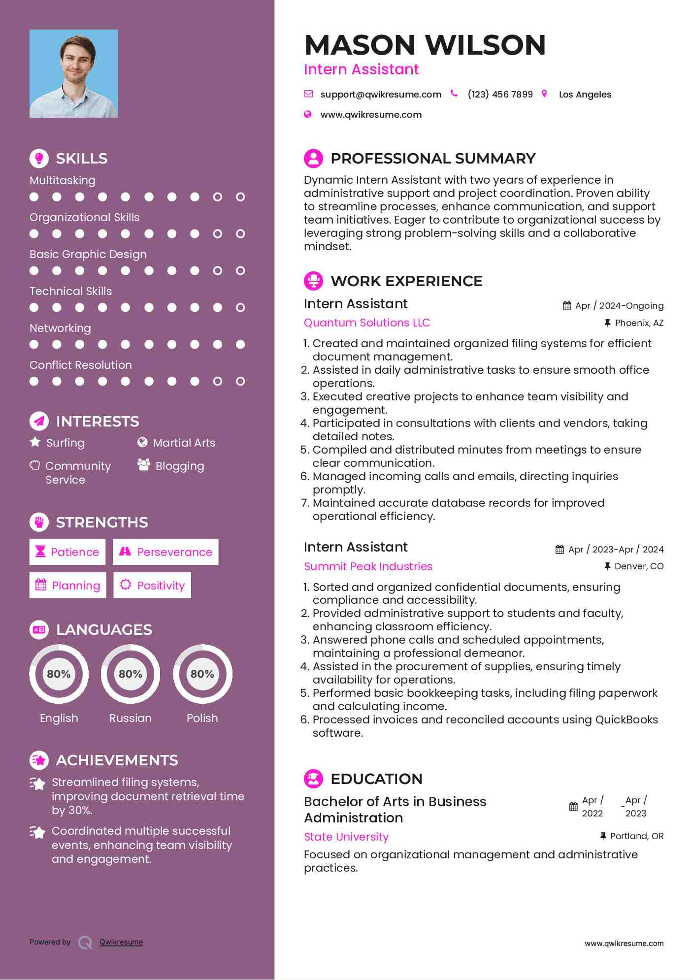 Intern Assistant Resume Sample