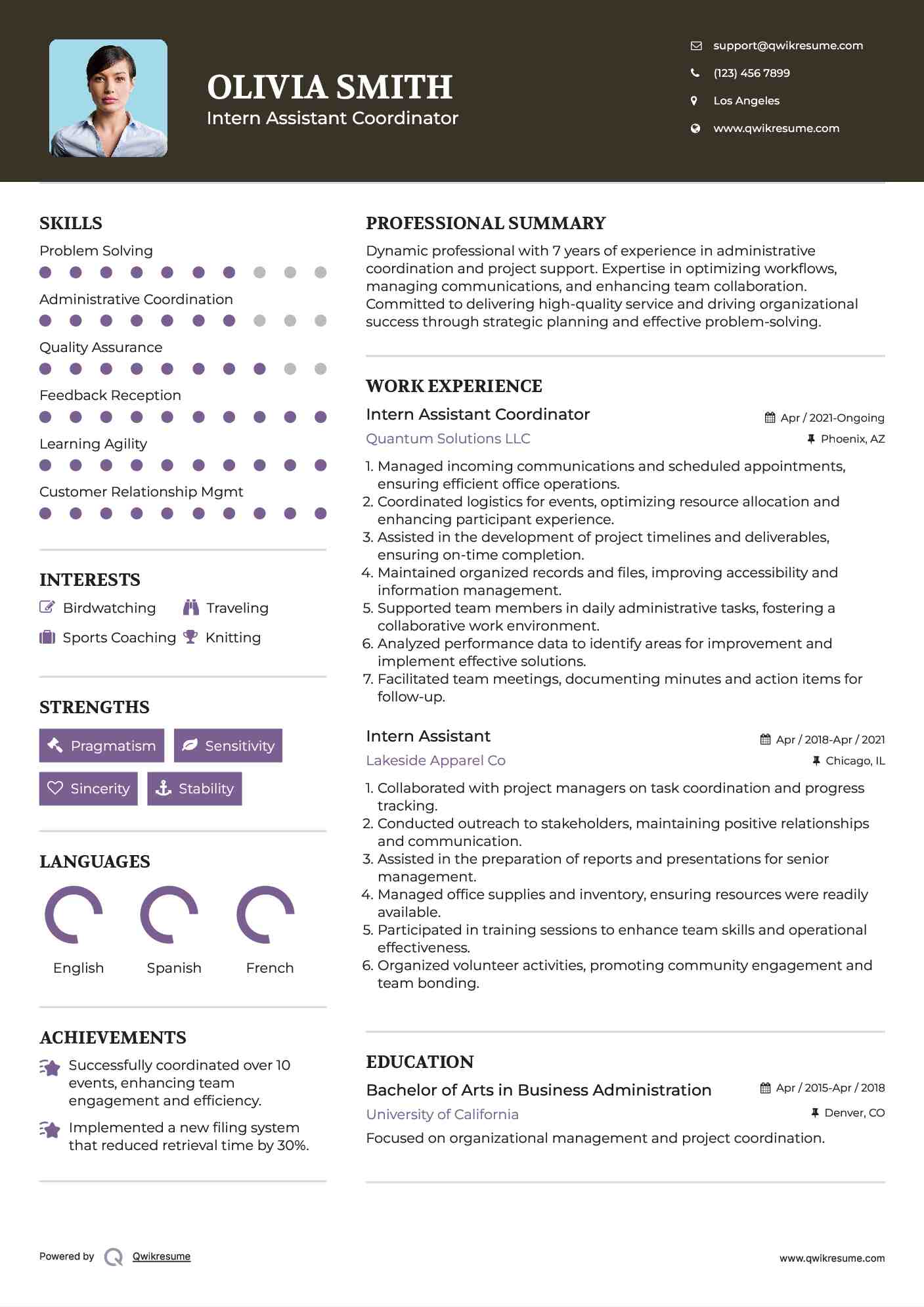 Intern Assistant Coordinator Resume Sample