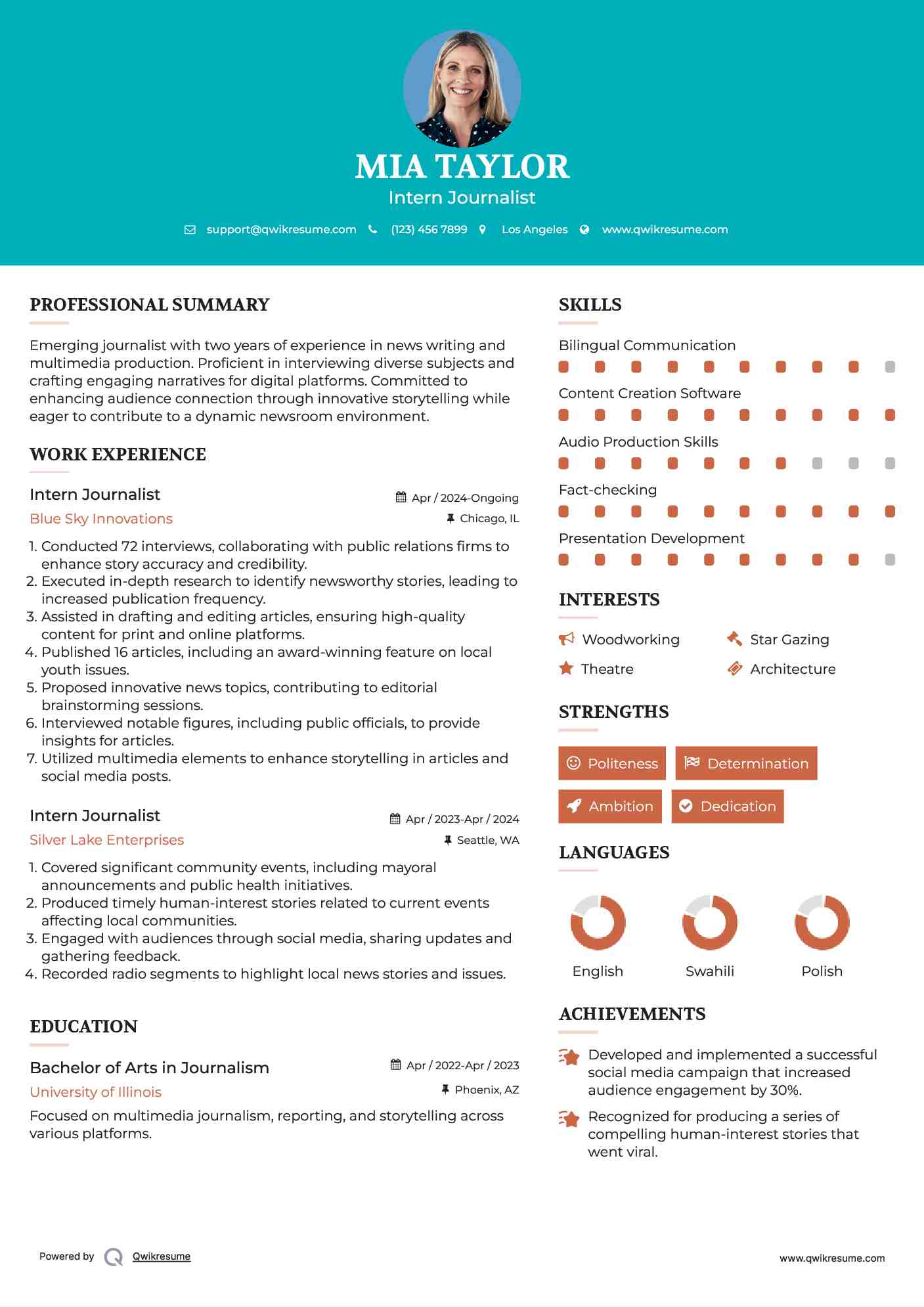 Intern Journalist Resume Model