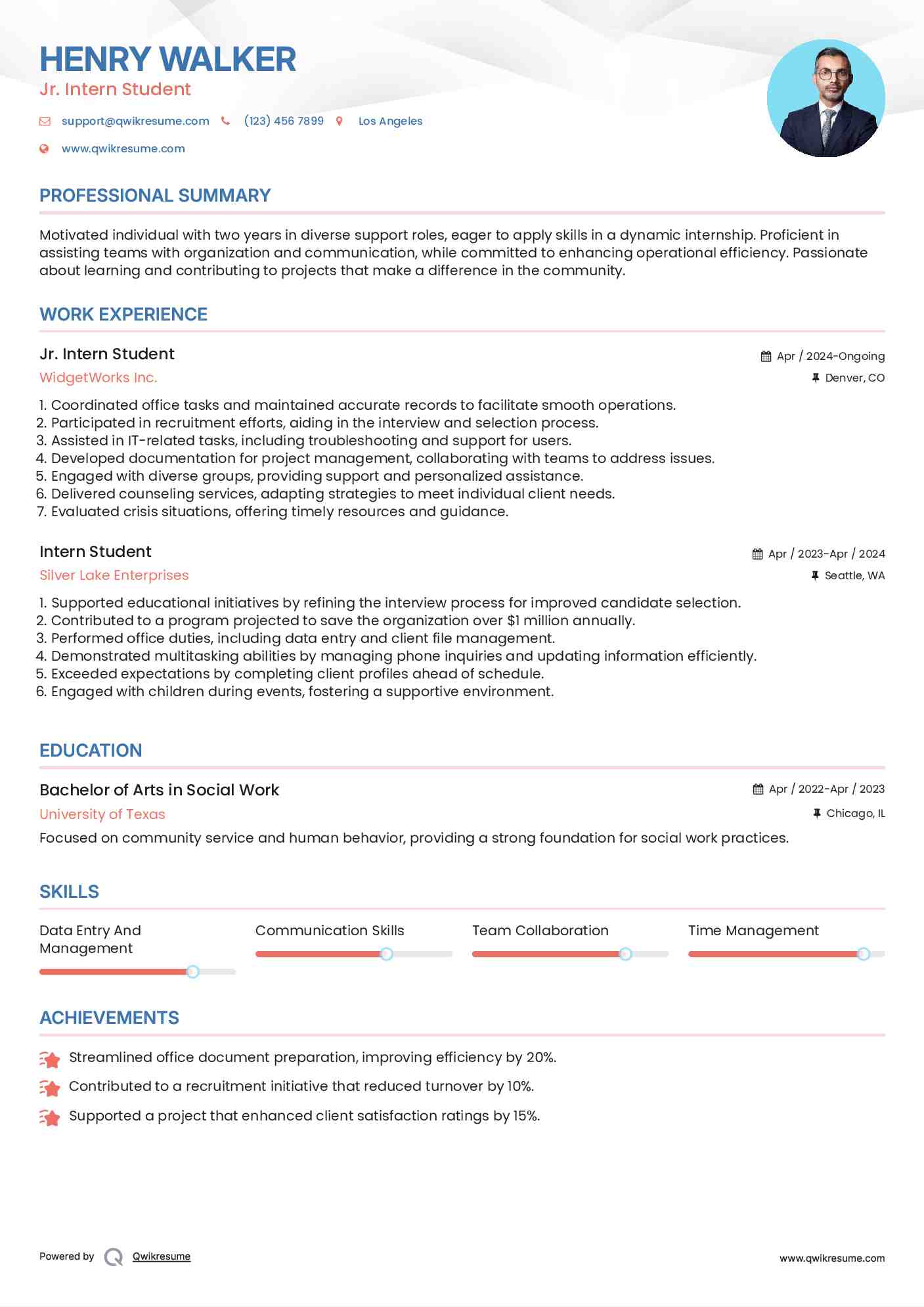 Jr. Intern Student Resume Example