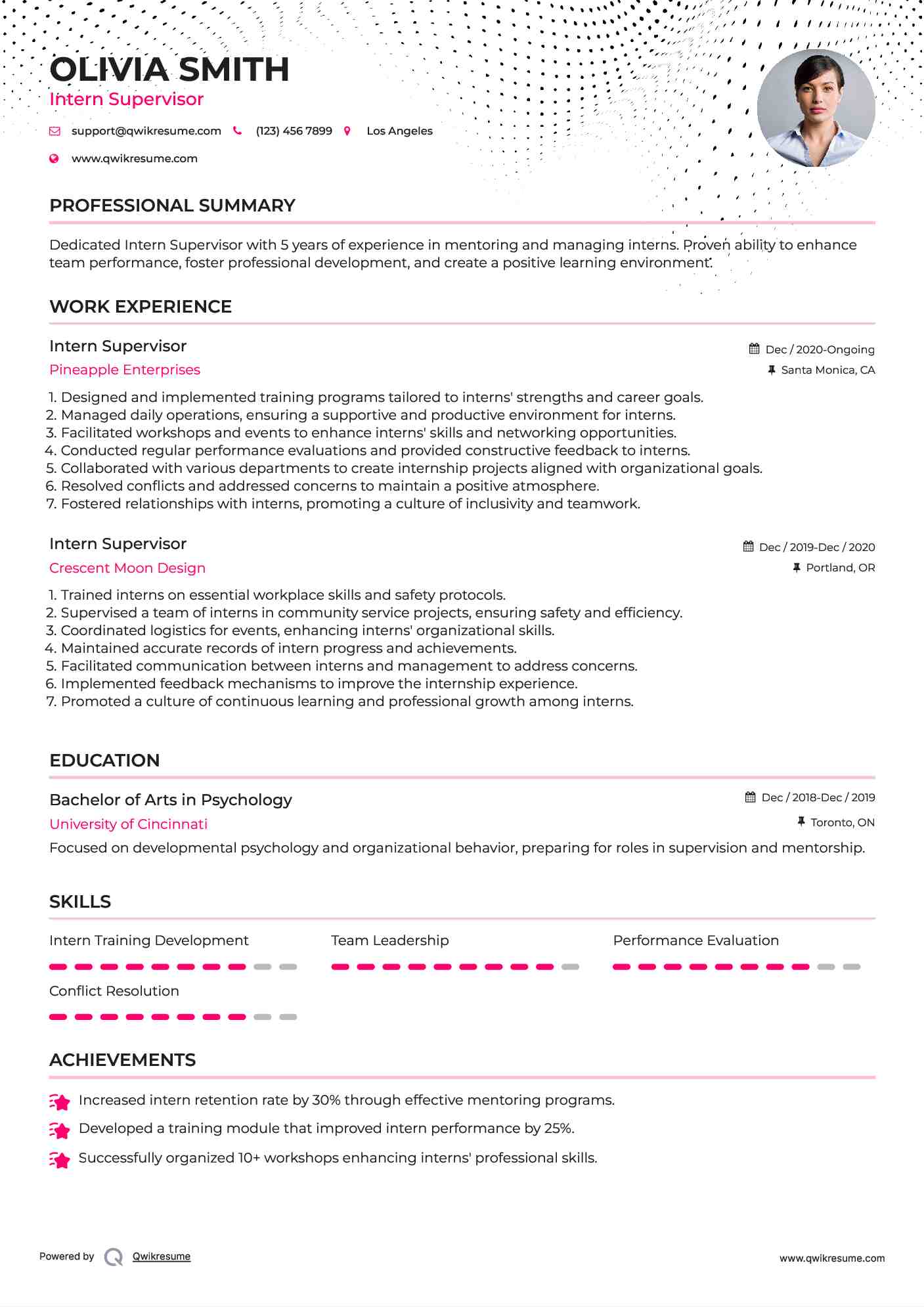 Intern Supervisor Resume Example