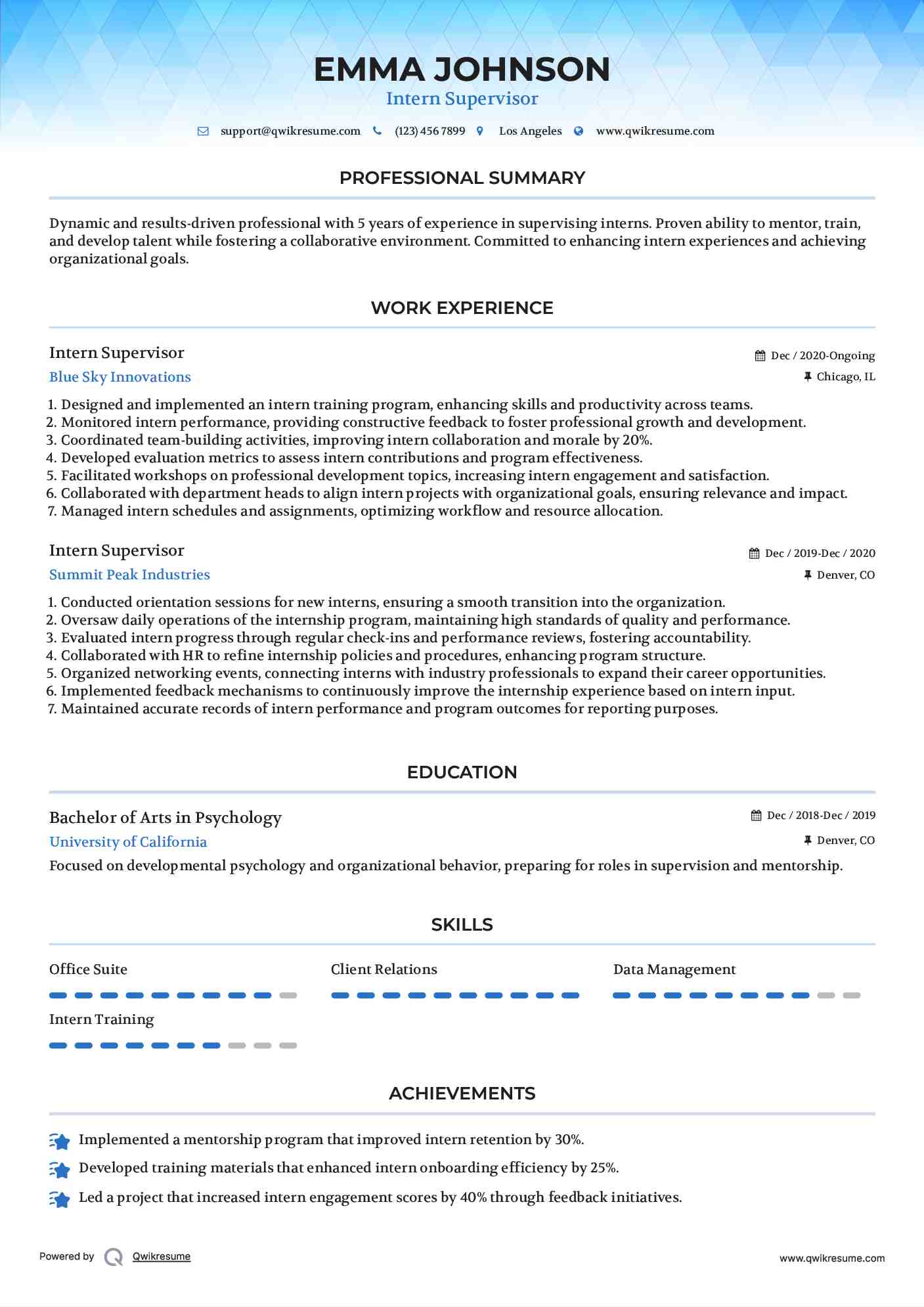 Intern Supervisor Resume Model