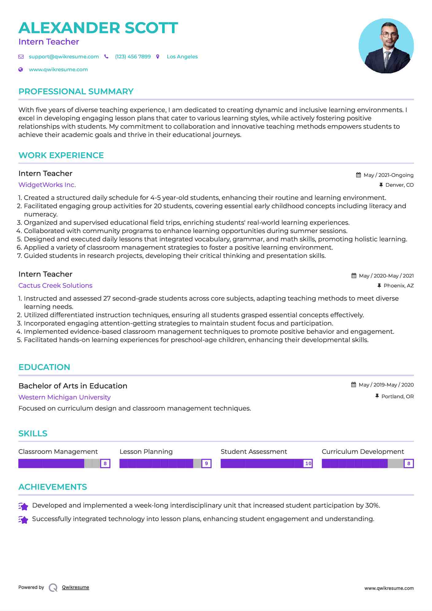 Intern Teacher Resume Model