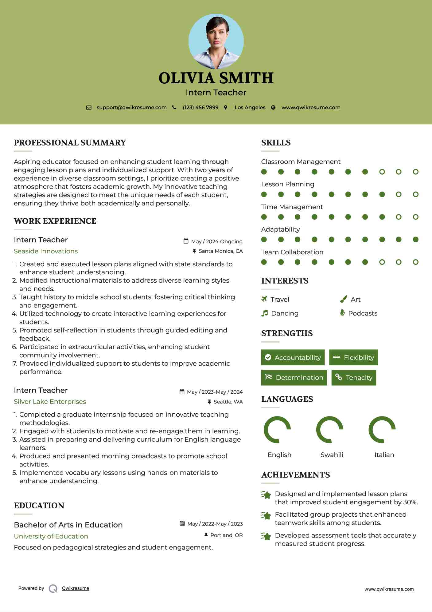 Intern Teacher Resume Model