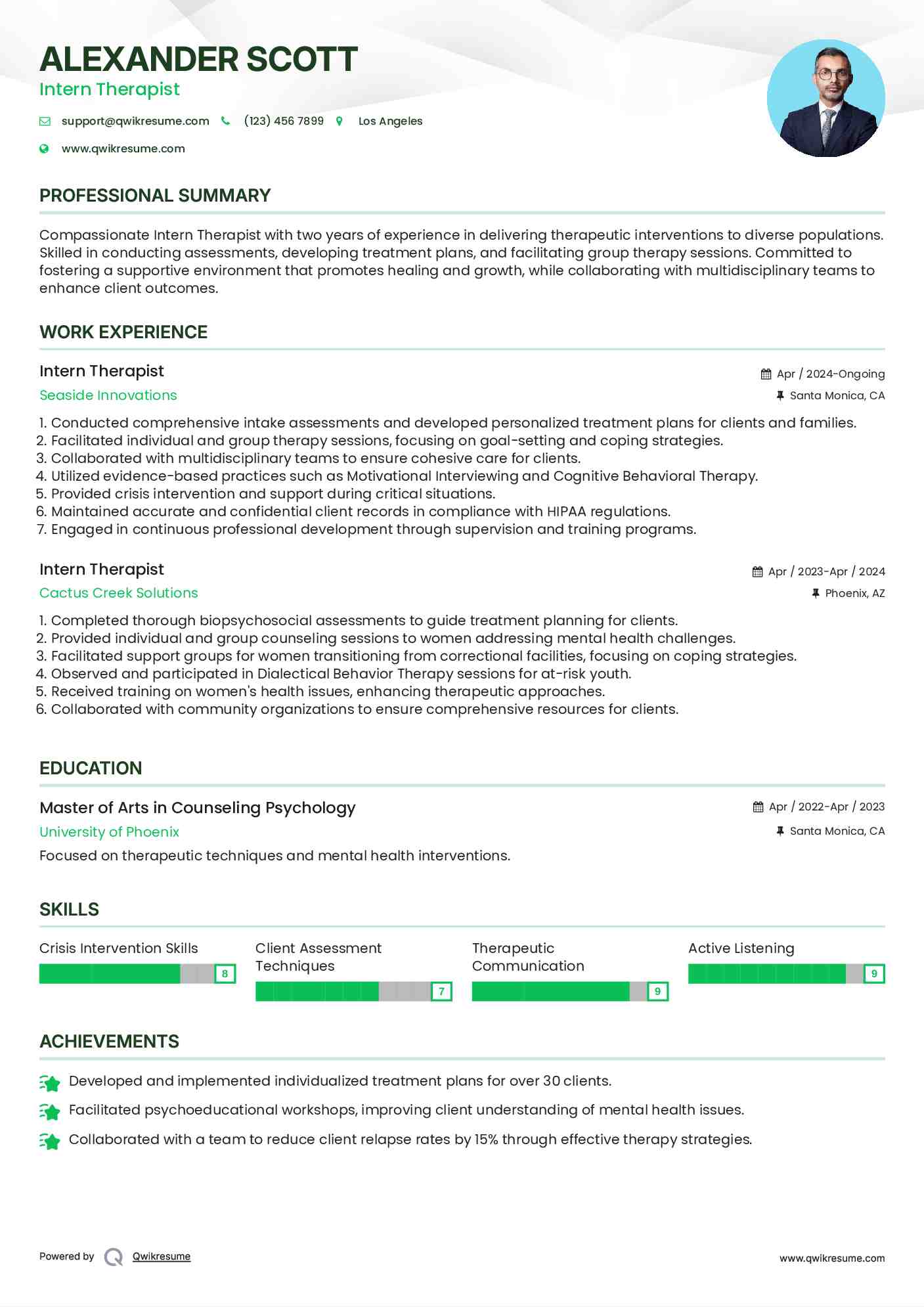 Intern Therapist Resume Format