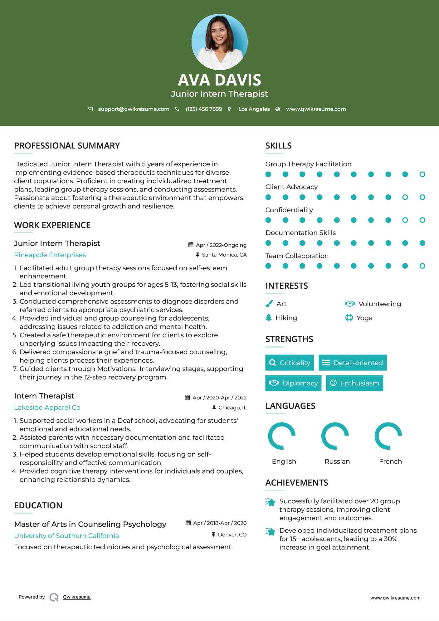 Junior Intern Therapist Resume Format