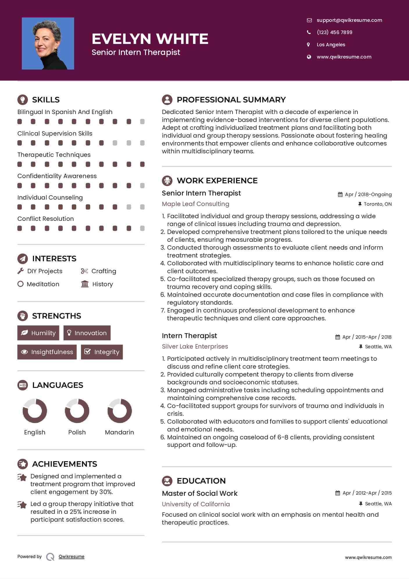 Senior Intern Therapist Resume Format