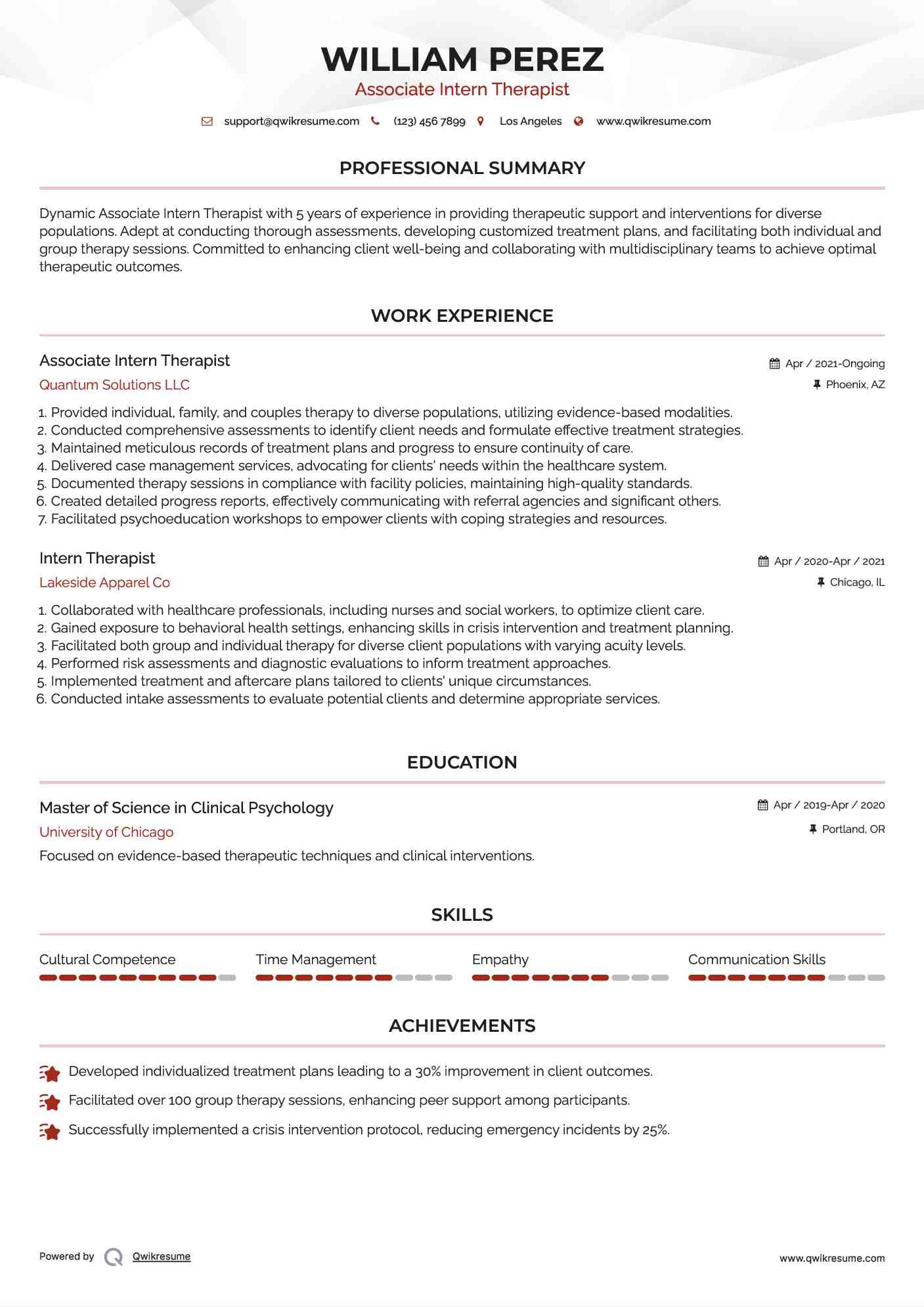 Associate Intern Therapist
 Resume Model