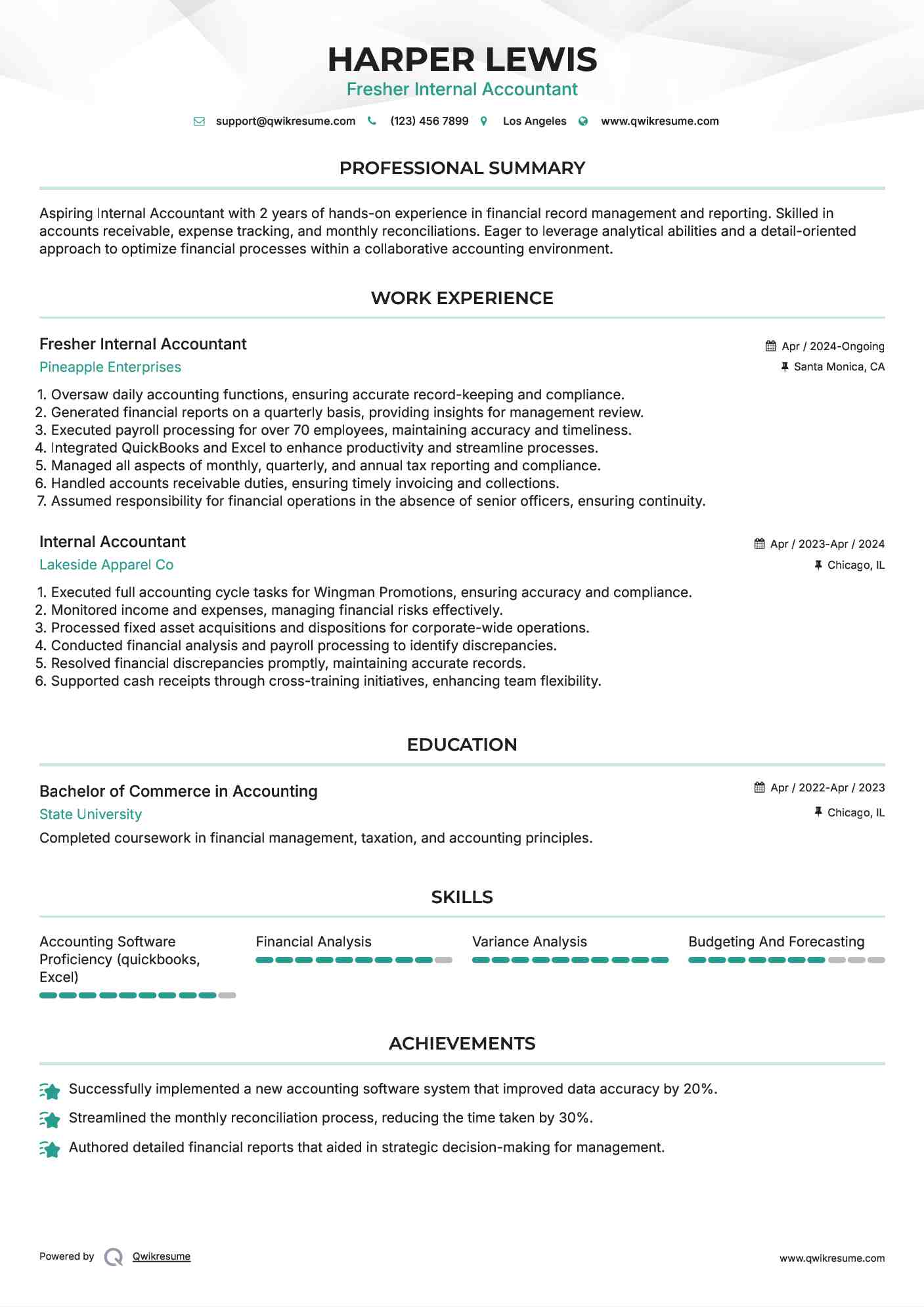Fresher Internal Accountant Resume Template
