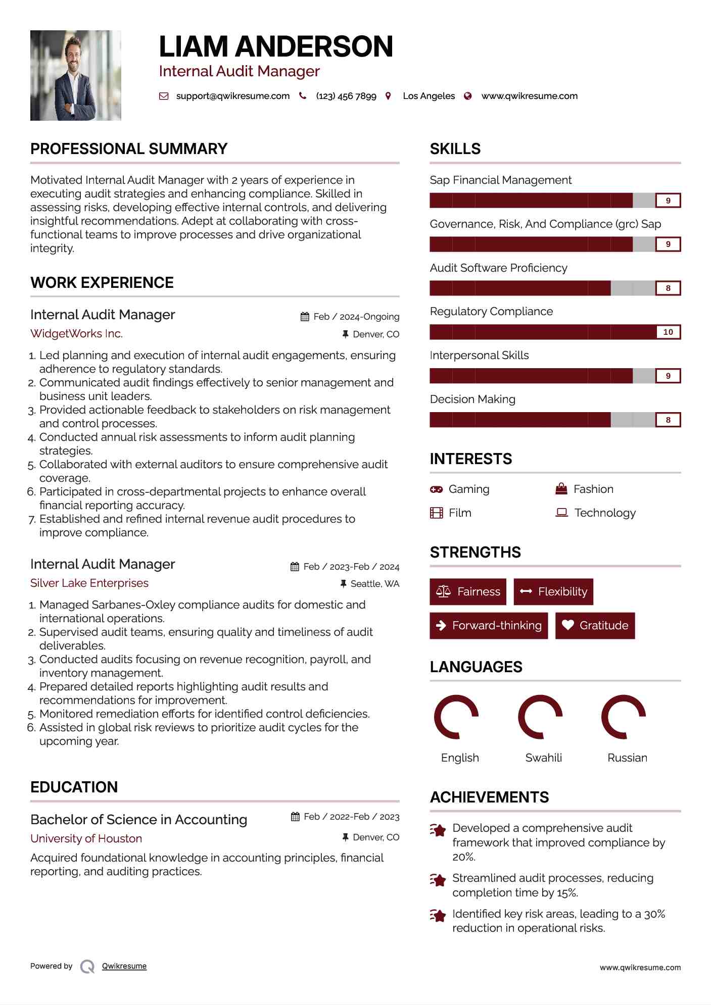 Internal Audit Manager Resume Example