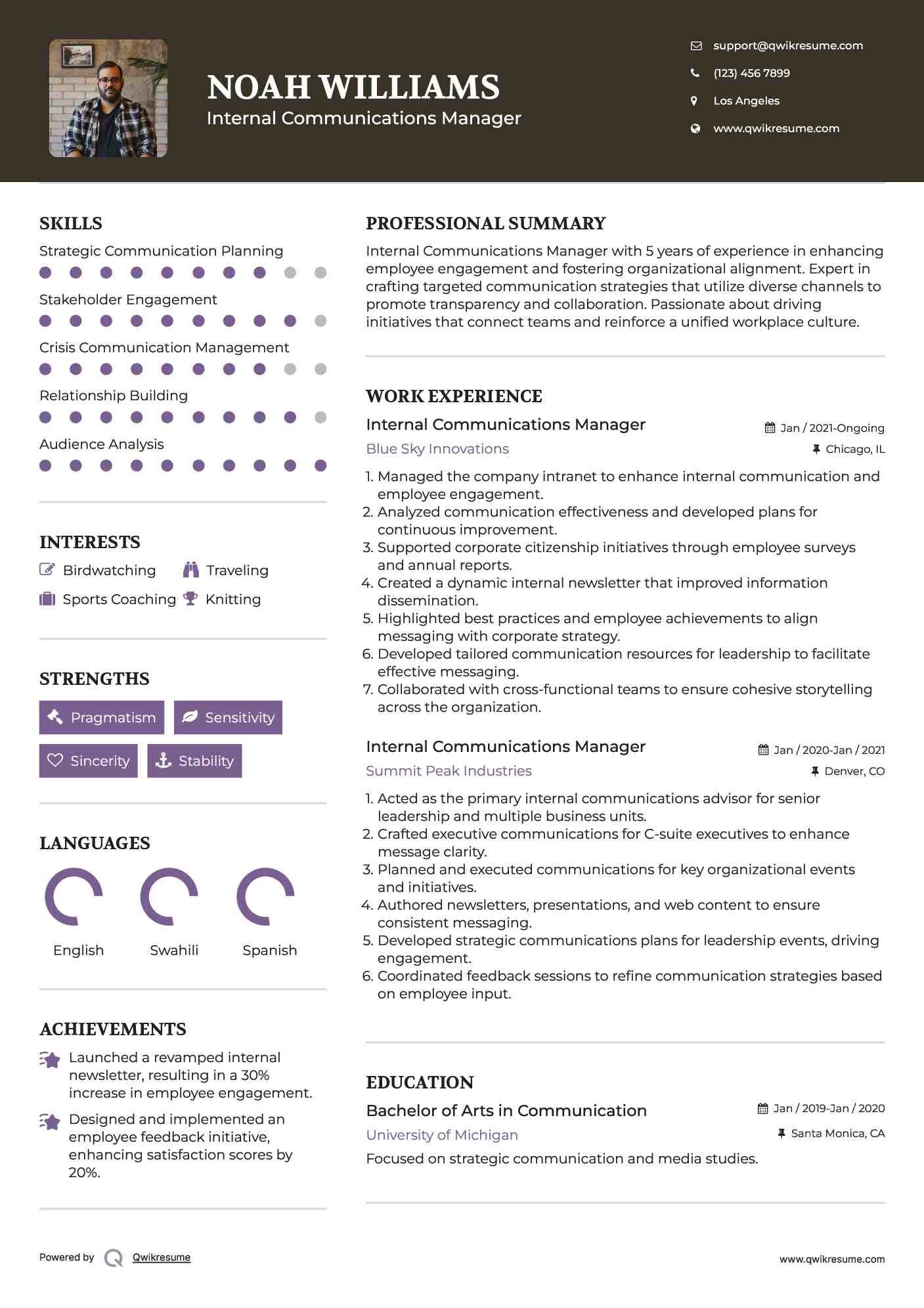 Internal Communications Manager Resume Sample