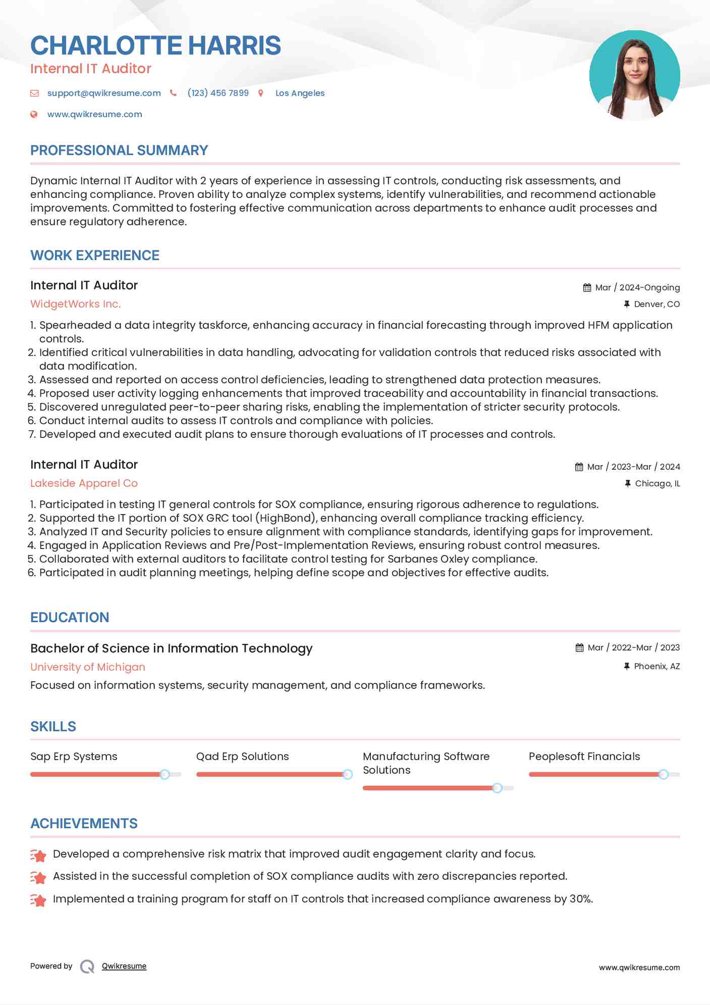 Internal IT Auditor Resume Example