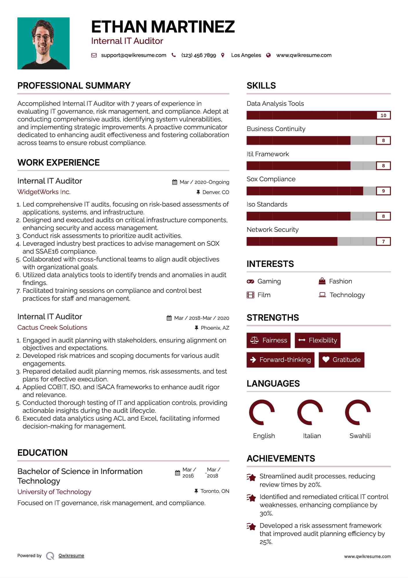 Internal IT Auditor Resume Example