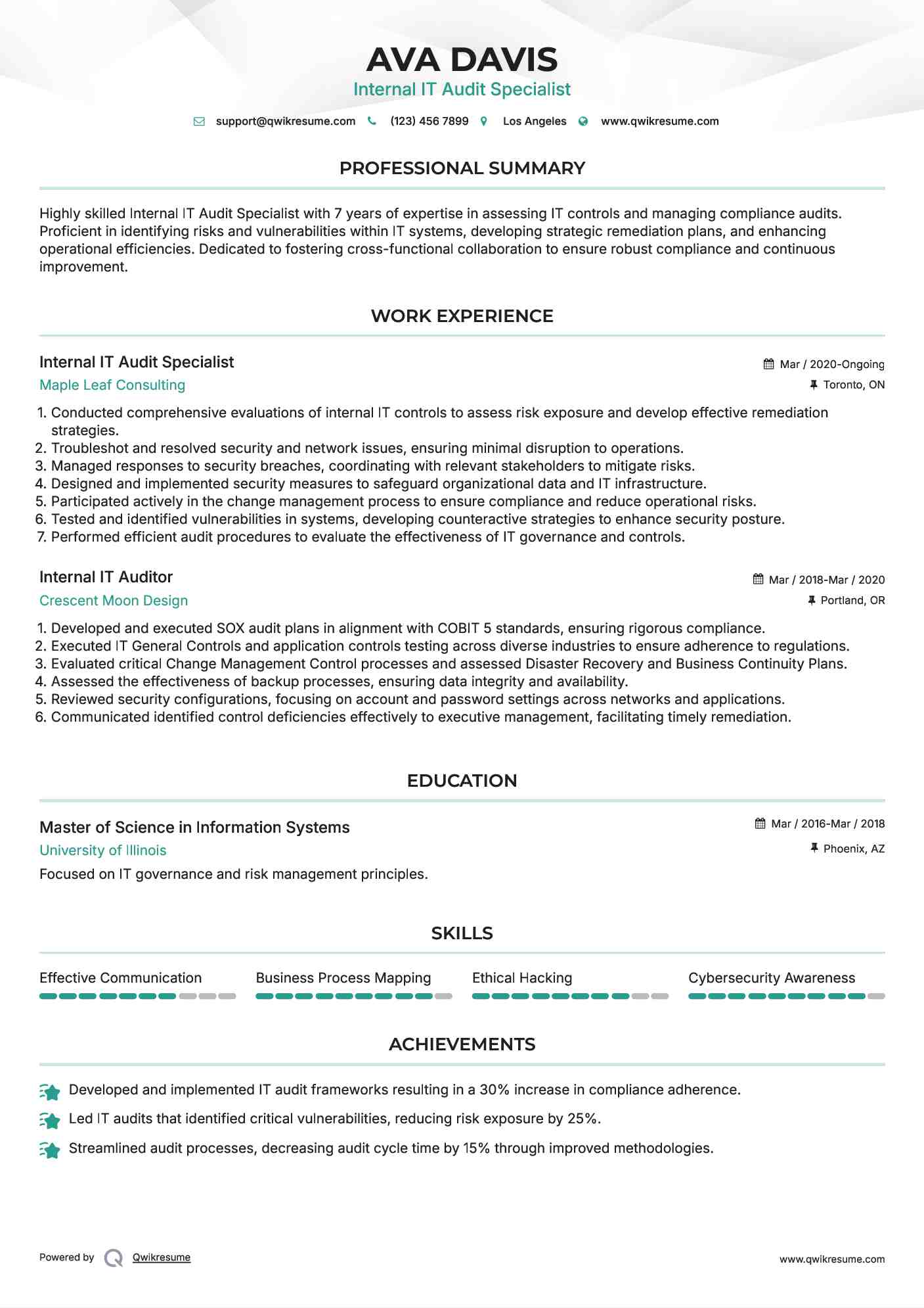 Internal IT Audit Specialist Resume Template