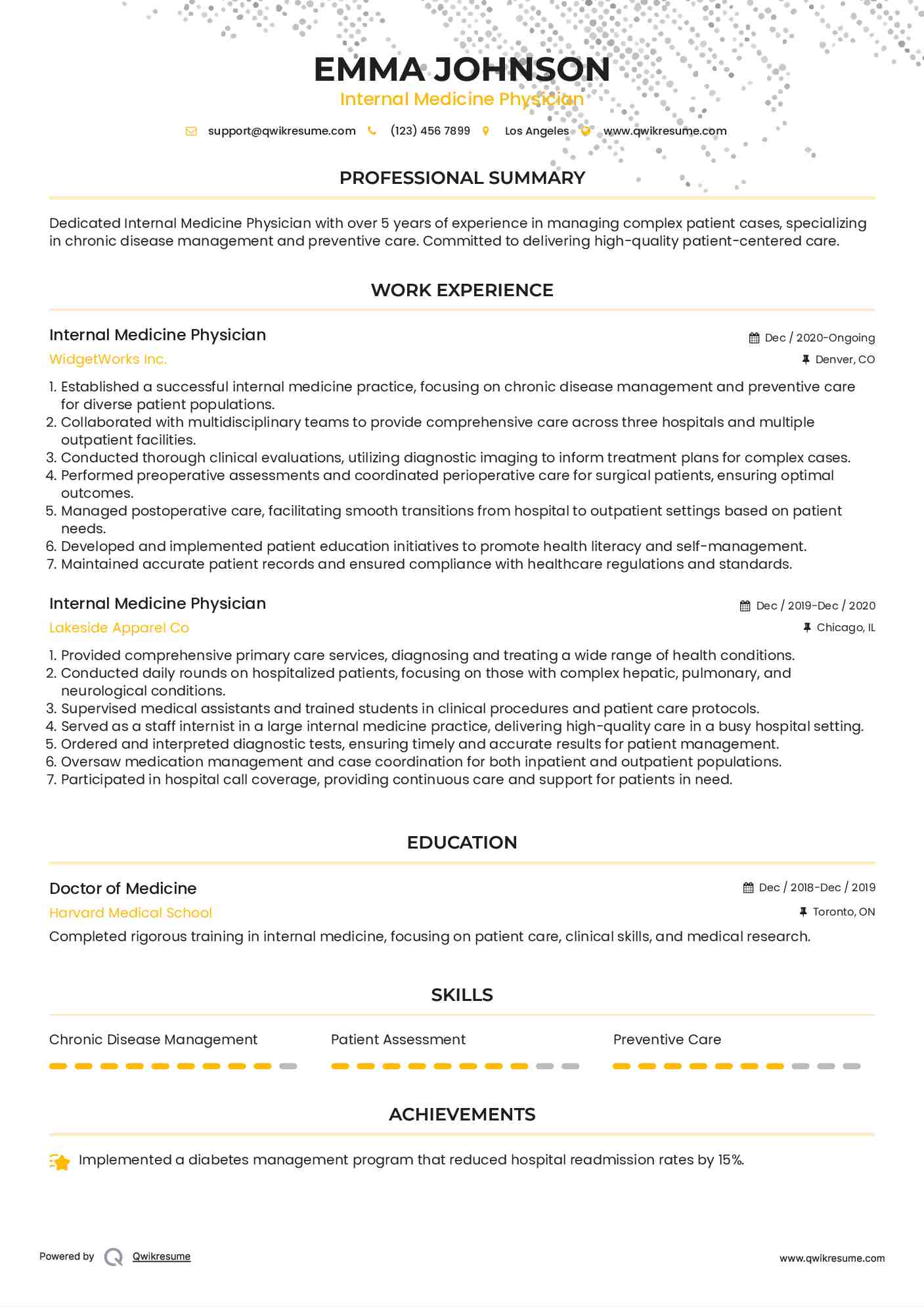 Internal Medicine Physician Resume Format