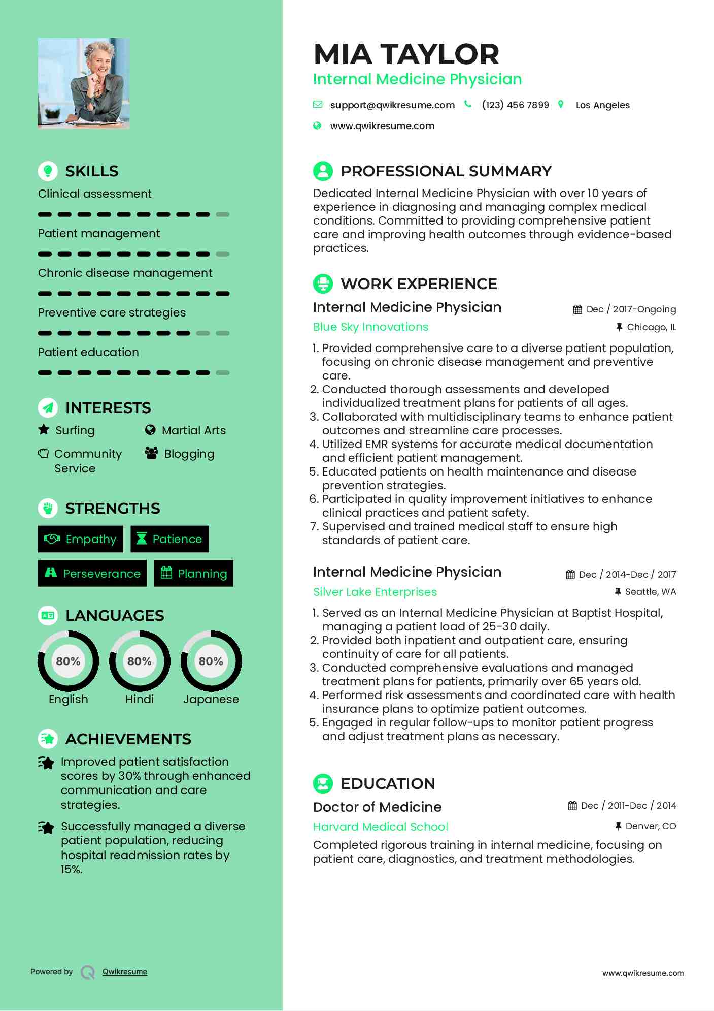 Internal Medicine Physician Resume Sample