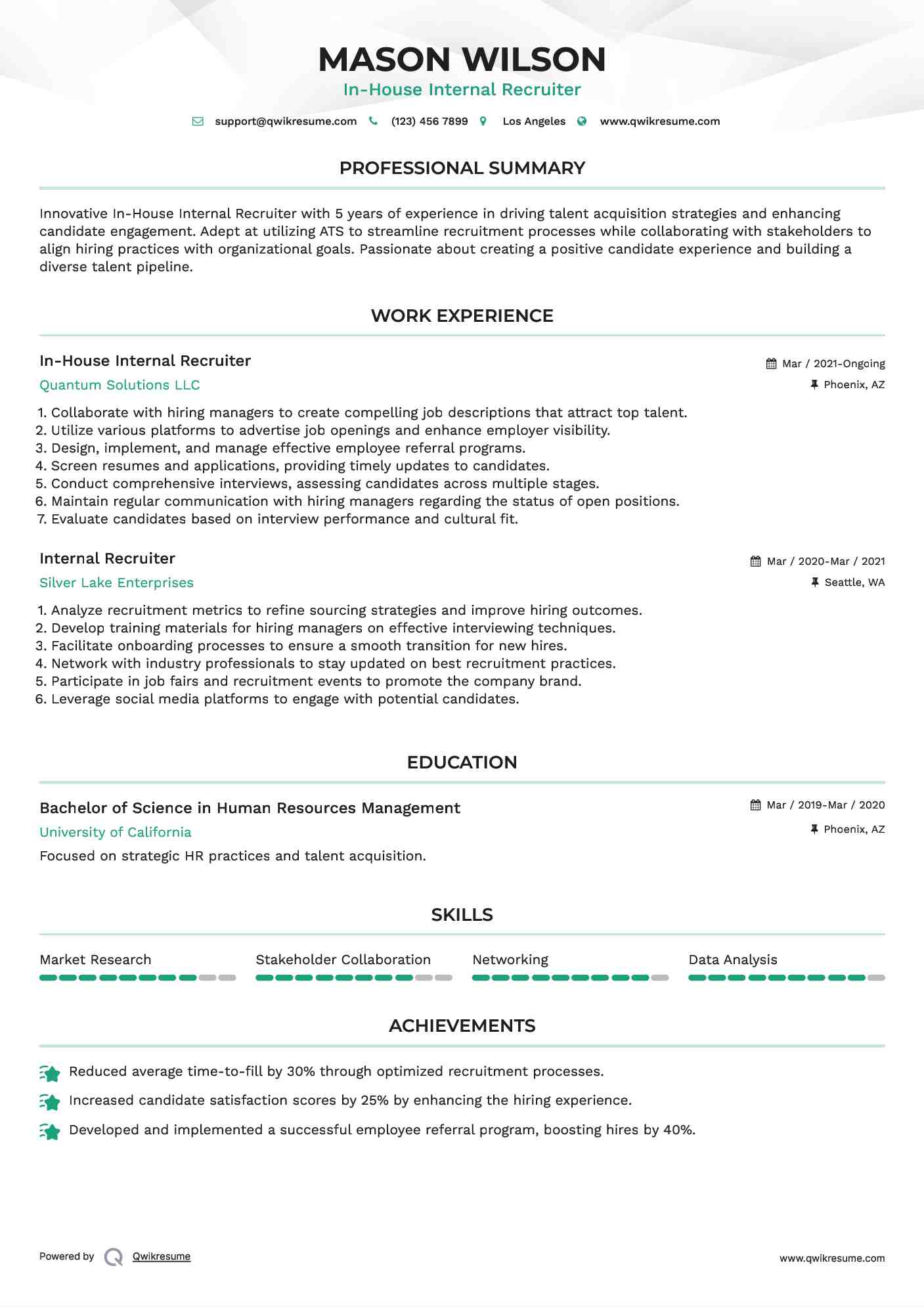In-House Internal Recruiter Resume Example
